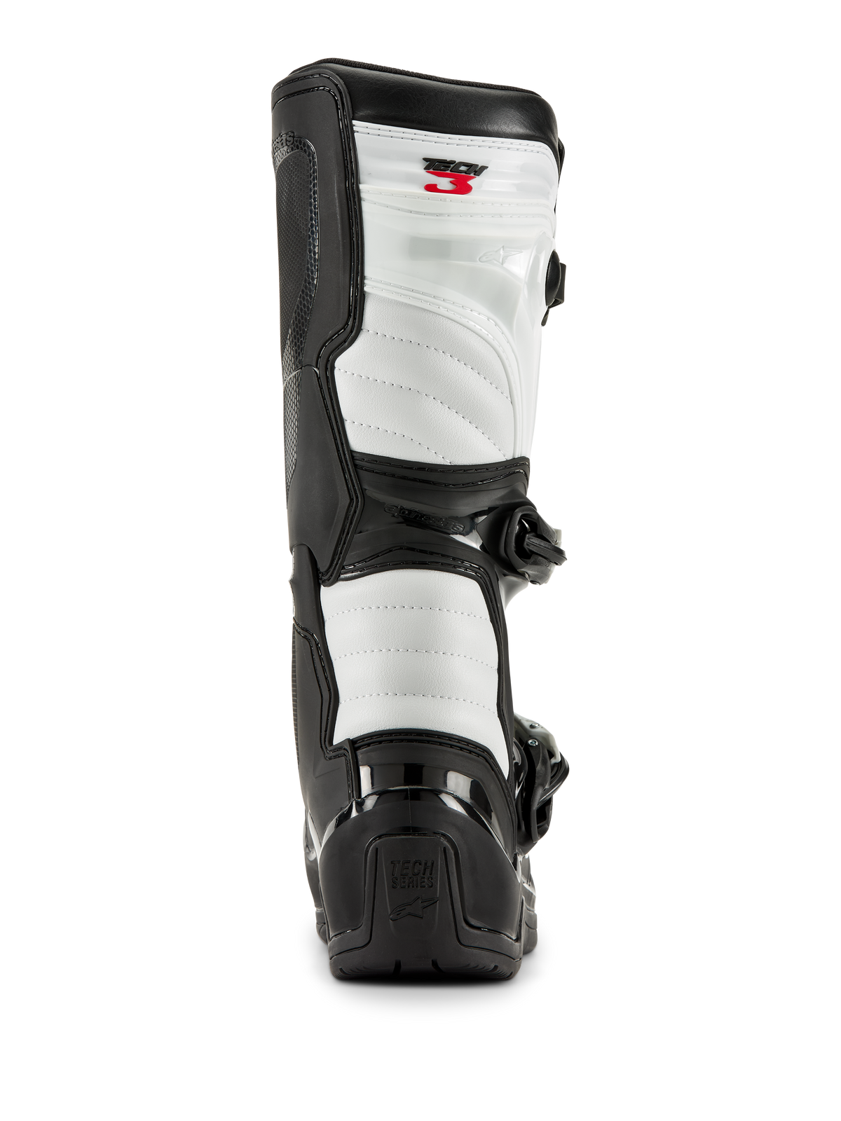 Alpinestars Tech 3 laarzen in zwart en wit, achteraanzicht met witte gewatteerde panelen, zwarte TPU-hielbeschermer met Tech Series-logo en rode Tech 3-branding aan de bovenkant, professionele motorcrosslaarzen.