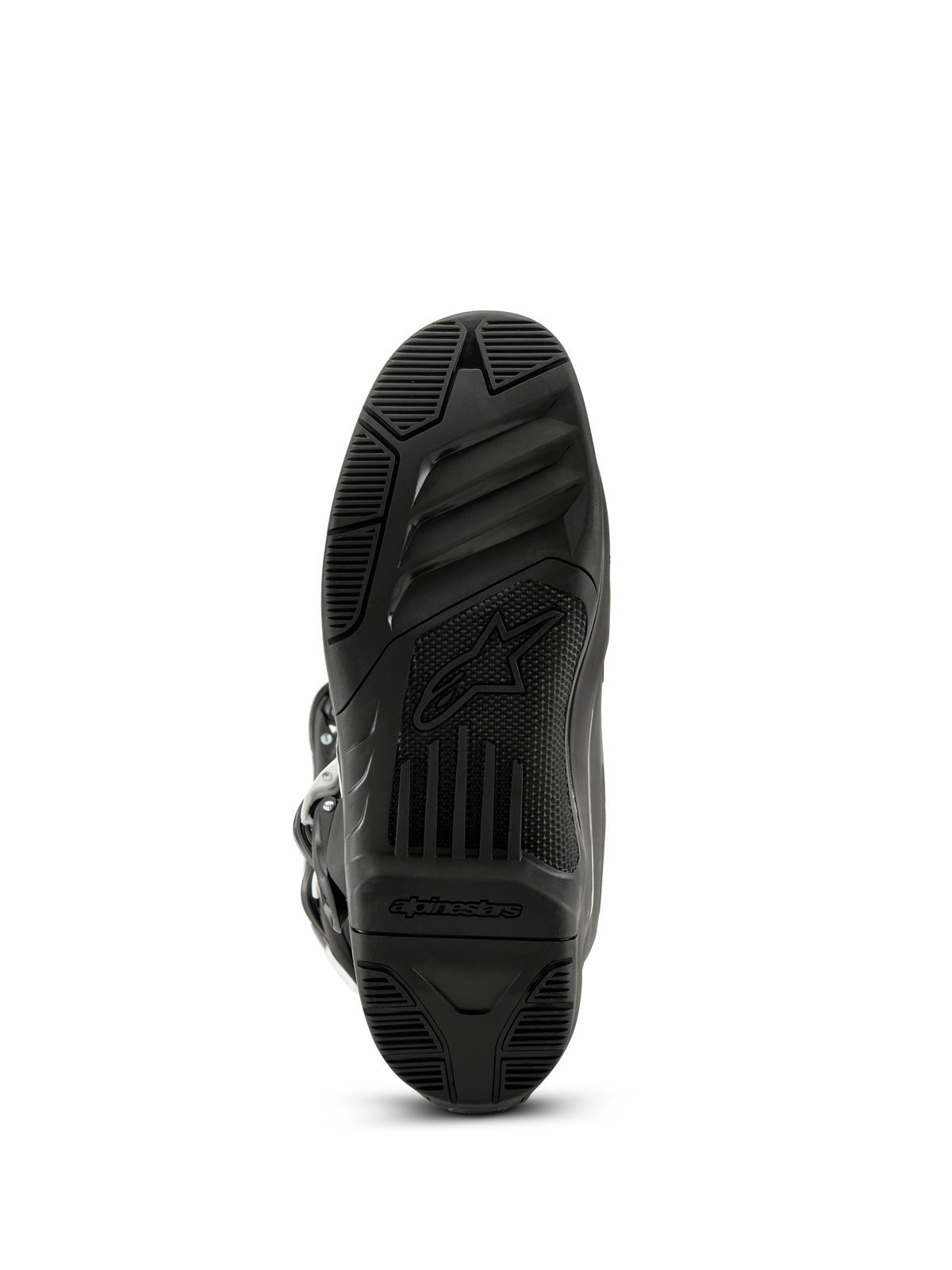 Alpinestars Tech 3 laarzen, motorcrosslaarzen, zwart, onderaanzicht van de rubberen zool met textuur voorzien van het Alpinestars-logo en woordmerk, high-grip profielontwerp voor off-road prestaties