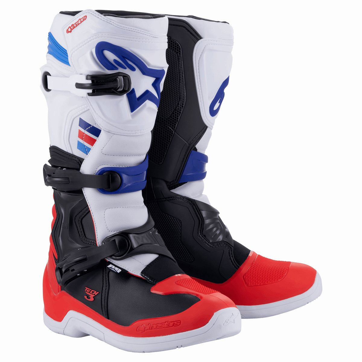 Alpinestars Tech 3 Stiefel, Motocross- und Offroad-Stiefel, Weiß, Hellrot und Dunkelblau, mit Dreifach-Schnallenverschluss, TPU-Schienbein- und Fersenplatten, strapazierfähiger Mikrofaser-Konstruktion, weißen Sohlen und blauen Logo-Akzenten
