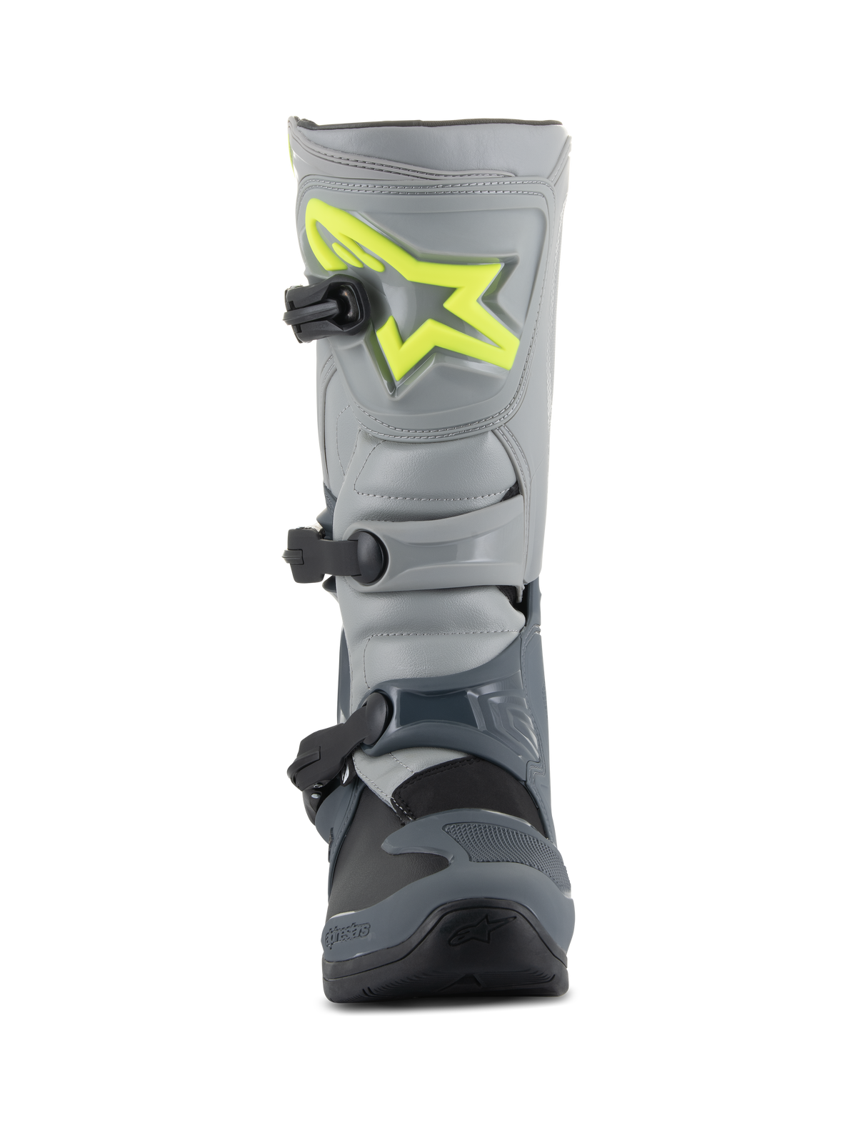 Alpinestars Tech 3 laarzen, motorcrosslaarzen, donkergrijs, lichtgrijs en zwart, vooraanzicht met een felgeel logo op de scheenplaat, drie zwarte polymeer gespen en een duurzame TPU-schaal voor off-road racen