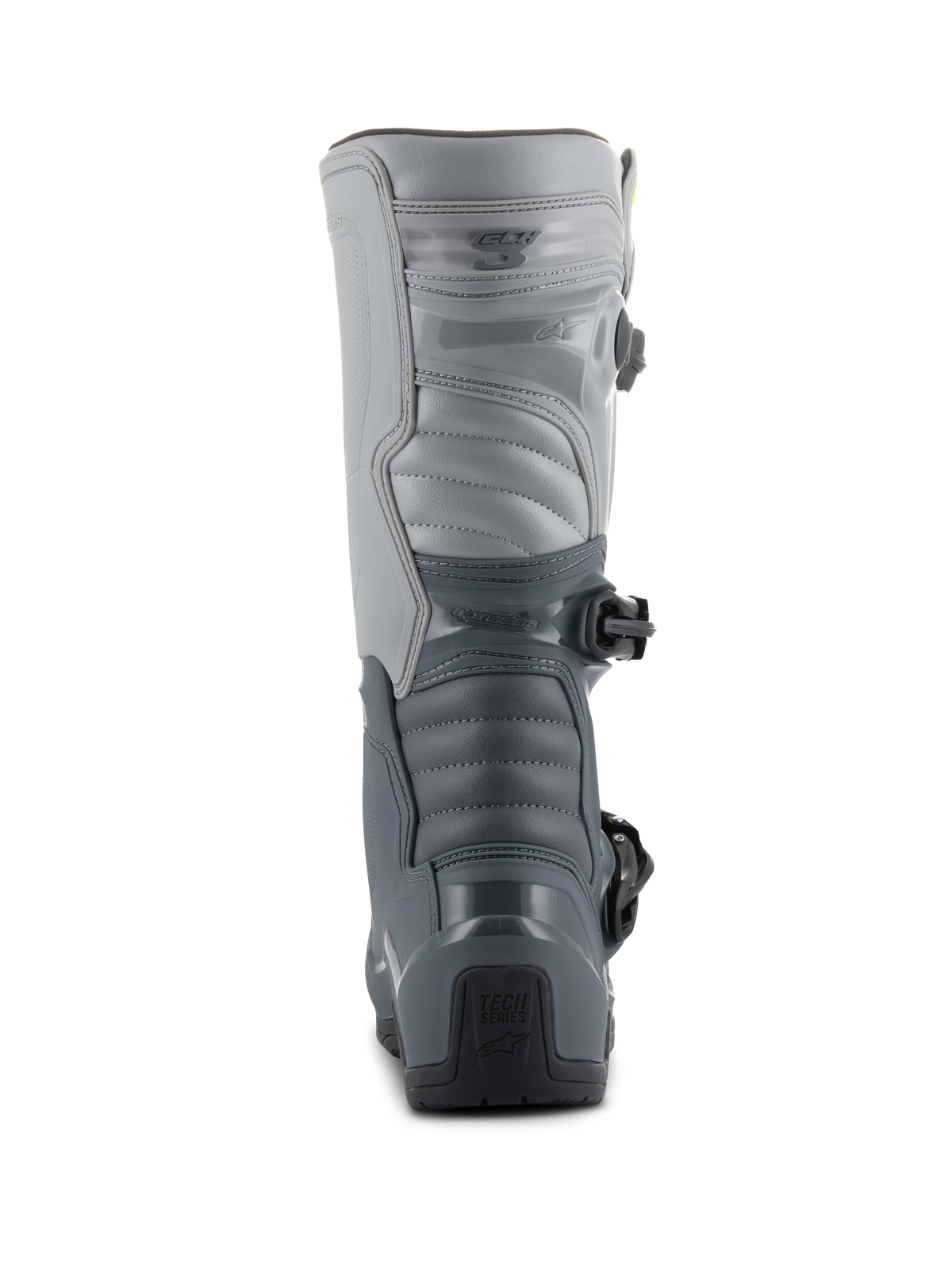 Alpinestars Tech 3 Laarzen, motorcrosslaarzen, donkergrijs, lichtgrijs en zwart, achteraanzicht met duurzame TPU-beschermplaten, gesegmenteerde grijze panelen en 'Tech Series' branding op de hiel.