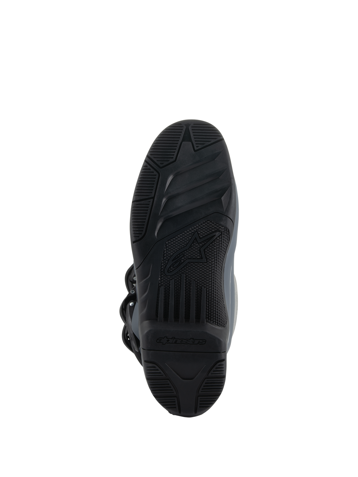 Alpinestars Tech 3 laarzen, donkergrijs lichtgrijs zwart, onderaanzicht met de rubberen compound buitenzool met hoge grip, zwart loopvlak met textuur en centraal Alpinestars-logo, ontworpen voor controle op de voetsteunen en tractie in off-road omstandigheden