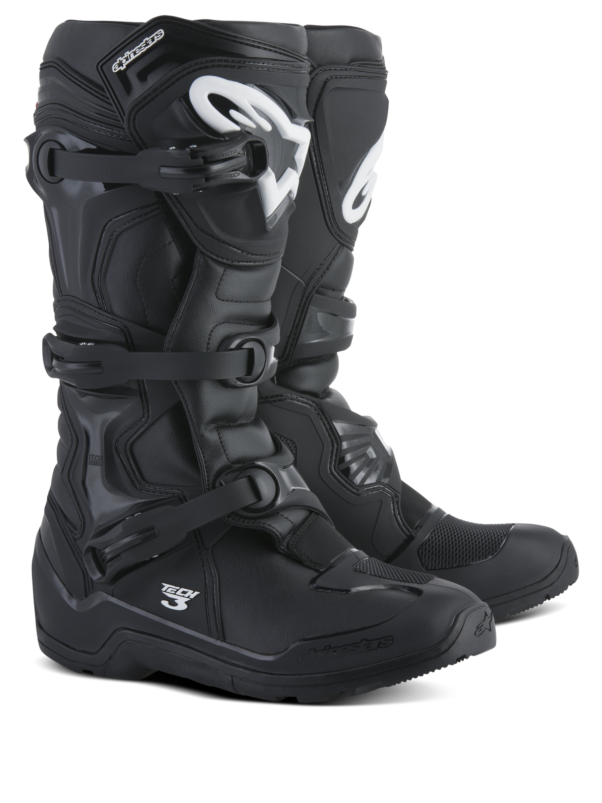 Alpinestars Tech 3 Enduro laarzen, motorcross- en off-roadlaarzen, zwart met witte logo's, drievoudig polymeer gespsysteem, duurzame TPU-bescherming, robuust all-terrain zoolontwerp