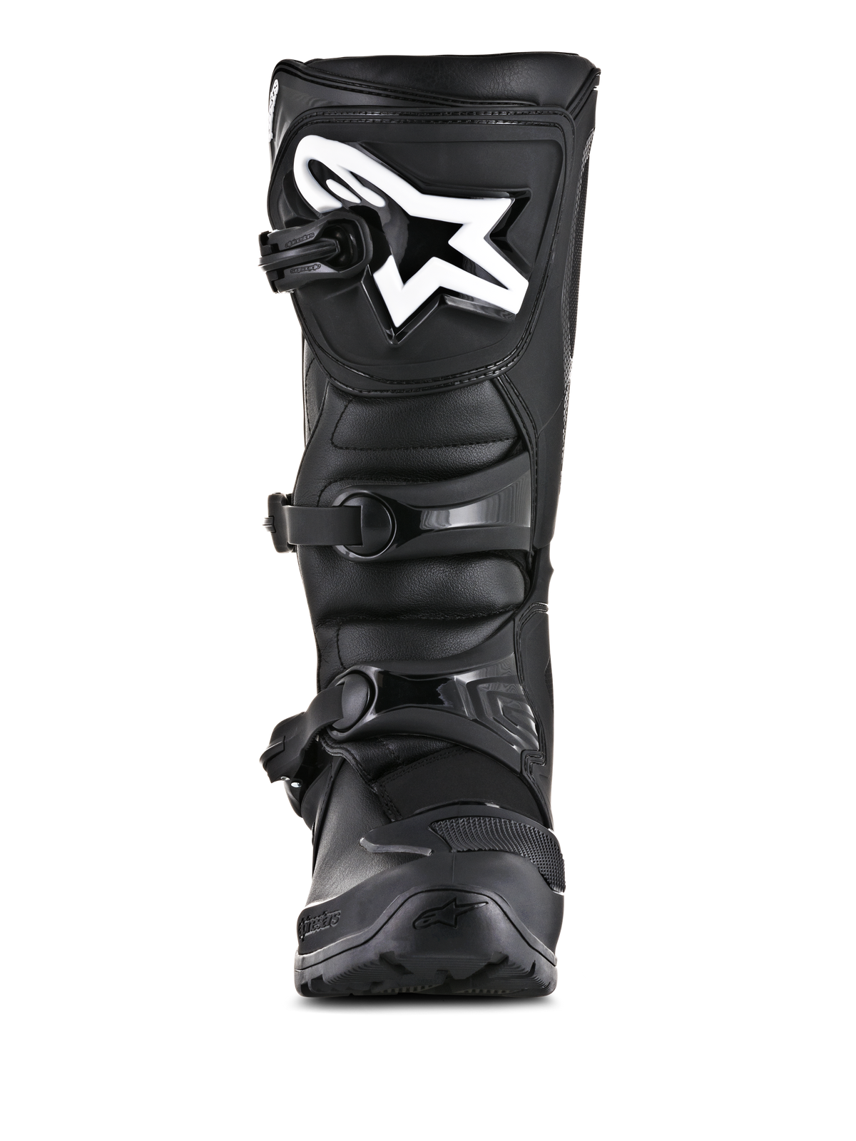 Alpinestars Tech 3 Enduro laarzen, off-road motorlaarzen, zwart, vooraanzicht met wit Alpinestars-logo op de scheenplaat, sluitingssysteem met drie gespen, robuuste constructie van microvezel en TPU