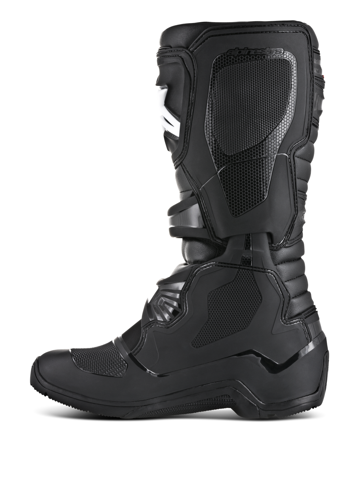 Alpinestars Tech 3 Enduro laarzen, off-road motorlaarzen, zwart, mediaal zijprofiel met getextureerde TPU-greeppanelen, beschermende scheenplaat en duurzame constructie voor enduro en motorcross.