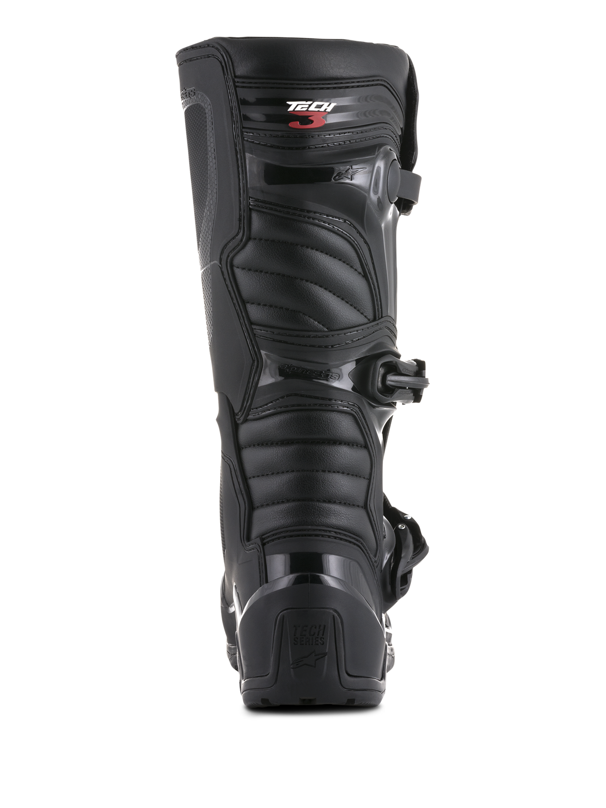 Alpinestars Tech 3 Enduro laarzen, achteraanzicht, zwart, voorzien van TPU hielteller met Tech Series-branding en geribbelde flexibele panelen, duurzaam beschermend schoeisel voor motorcross en off-road rijden
