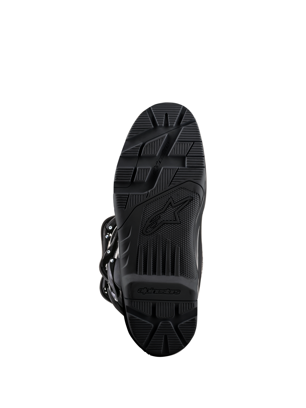 Alpinestars Tech 3 Enduro laarzen, zwart, onderaanzicht van de zool, rubbercompound met hoge grip en geprofileerd loopvlakpatroon voor off-road duurzaamheid, voorzien van Alpinestars-branding