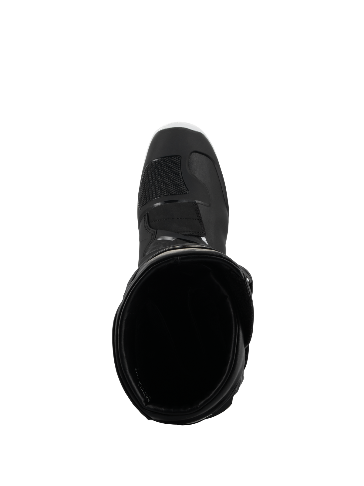 Alpinestars Tech 3 Enduro Waterproof Boots, Black and White, overhead view looking into the boot opening, showing the interior lining and reinforced toe box, designed for off-road and adventure riding.