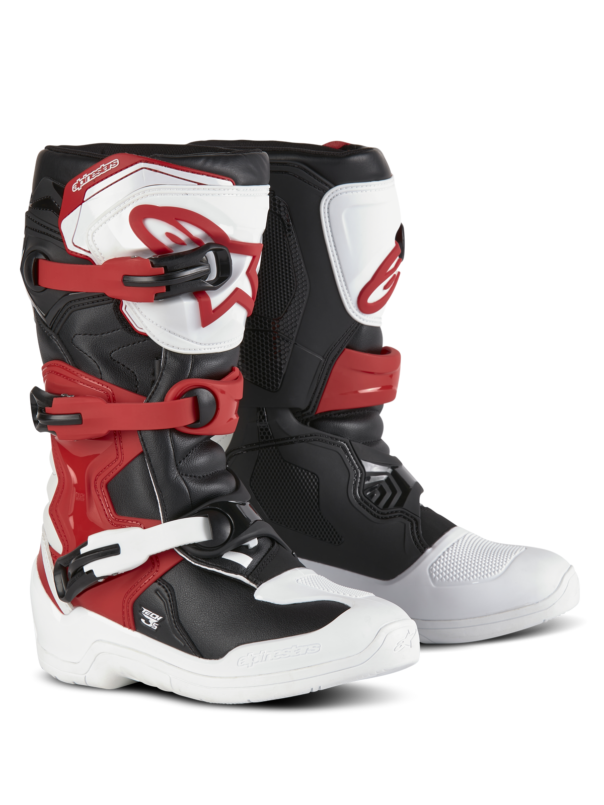 Bottes Alpinestars Youth Tech 3S, bottes de motocross, blanc, noir et rouge vif, système de fermeture à trois boucles, plaque de tibia en TPU avec logo Alpinestars, tige en microfibre durable et coque de pied renforcée pour des performances tout-terrain