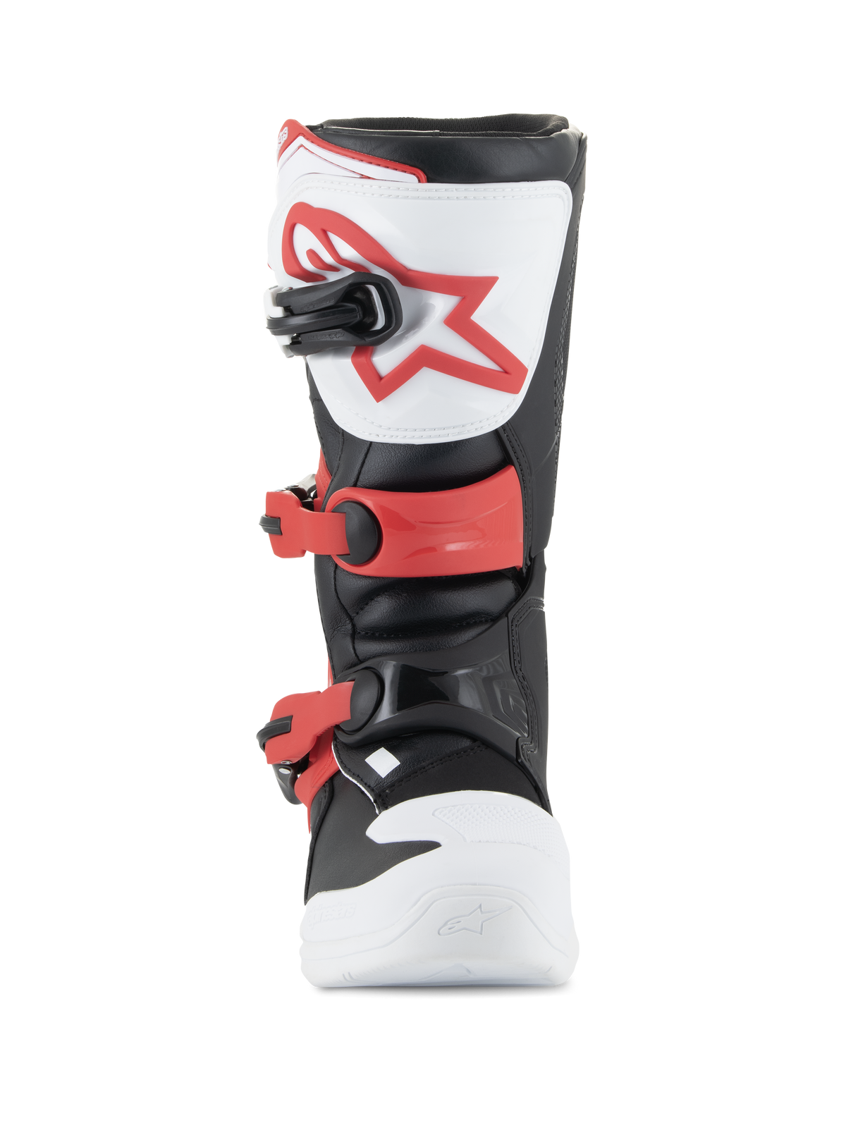 Bottes Alpinestars Youth Tech 3S, bottes de motocross, blanc, noir et rouge vif, vue de face montrant la plaque de tibia en TPU avec logo rouge, boucles rouges ajustables et construction en microfibre durable pour les jeunes pilotes