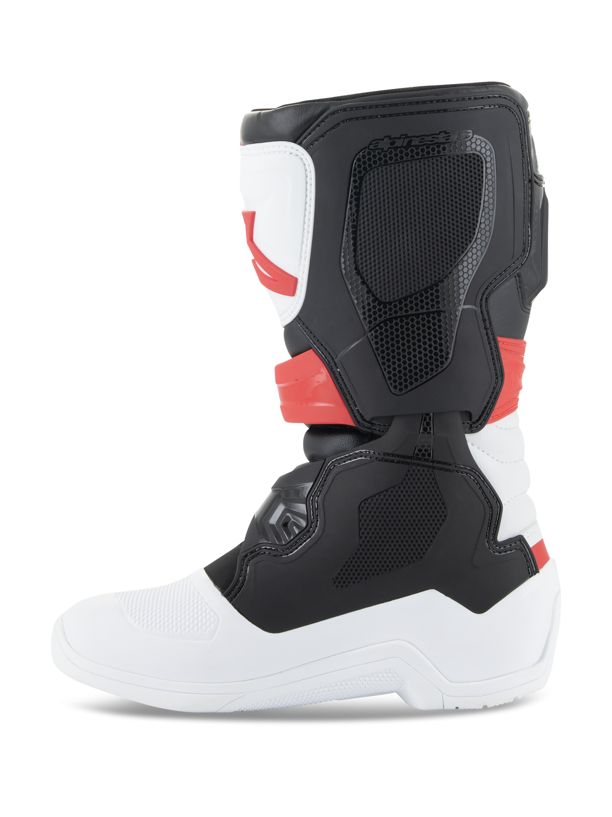 Bottes Alpinestars Youth Tech 3S, bottes de motocross, blanc, noir et rouge vif, vue de profil, avec panneaux de protection en TPU durable et tige en microfibre, semelle et pointe blanches avec section du mollet noire et accents rouge vif, chaussures de protection tout-terrain pour jeunes pilotes