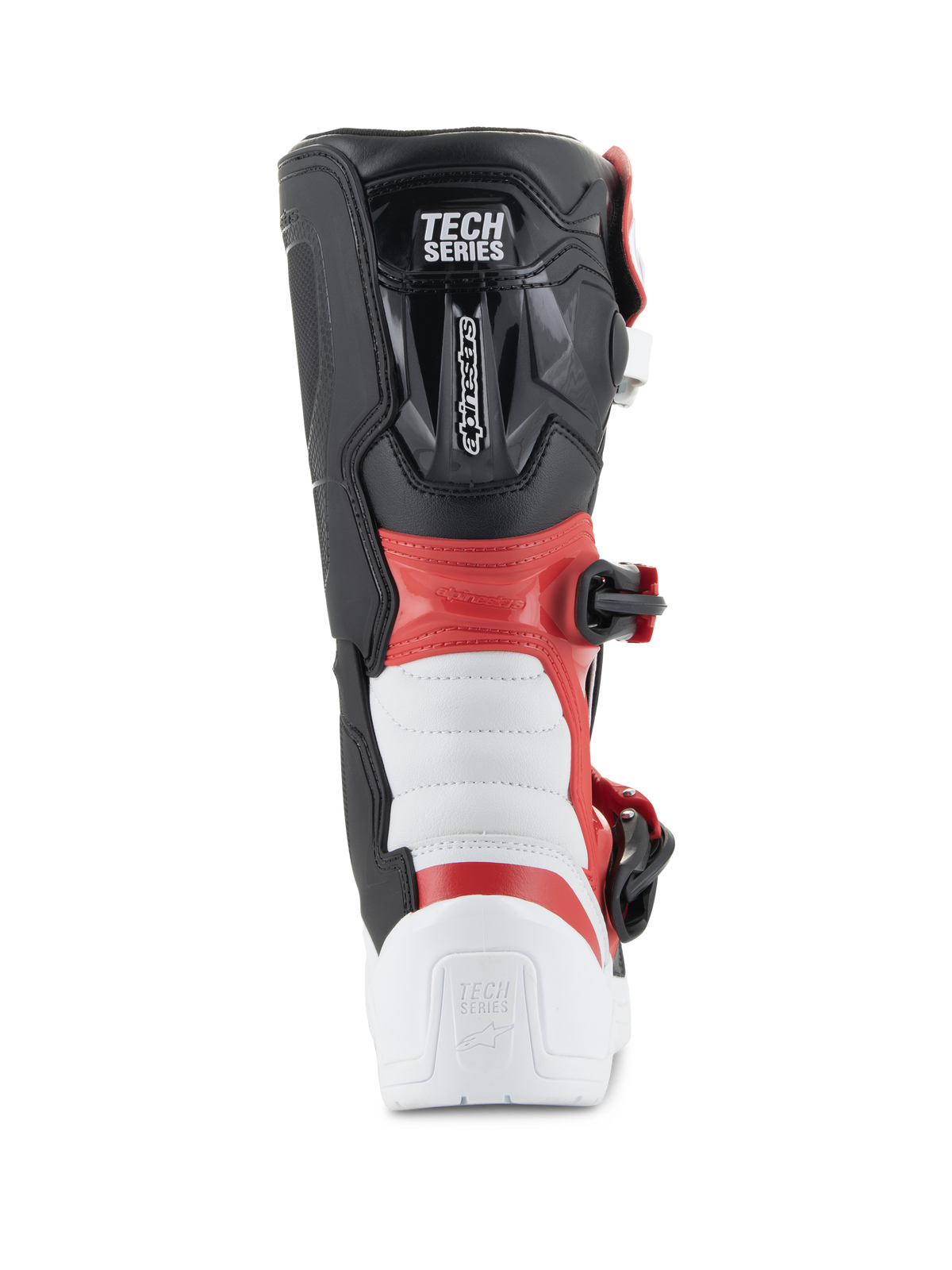 Bottes Alpinestars Youth Tech 3S, bottes de motocross, blanc, noir et rouge vif, vue arrière montrant le logo « TECH SERIES », protection renforcée du talon et du mollet, construction en microfibre durable pour la course tout-terrain