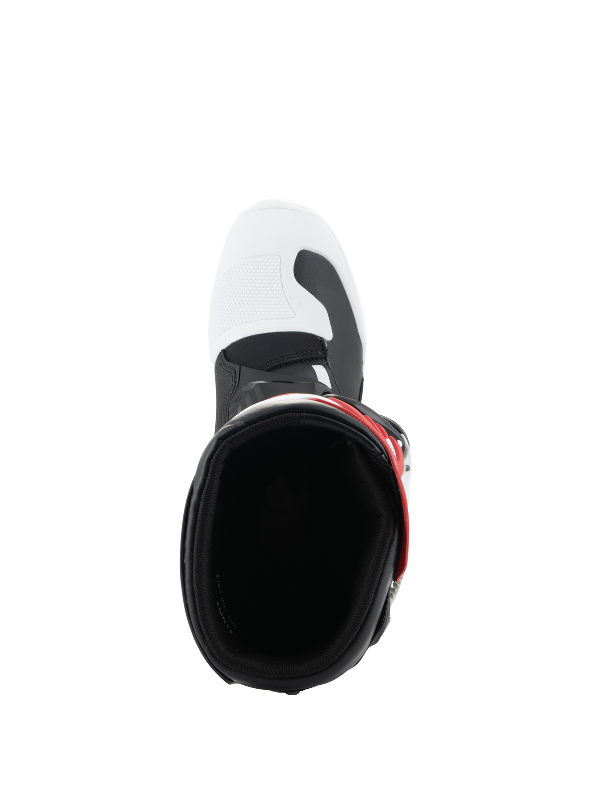 Bottes Alpinestars Tech 3S Junior, bottes de motocross, blanc, noir et rouge vif, vue de dessus montrant l'ouverture de la botte, bout blanc avec accents noirs et détail de sangle rouge, conçues pour les jeunes pilotes