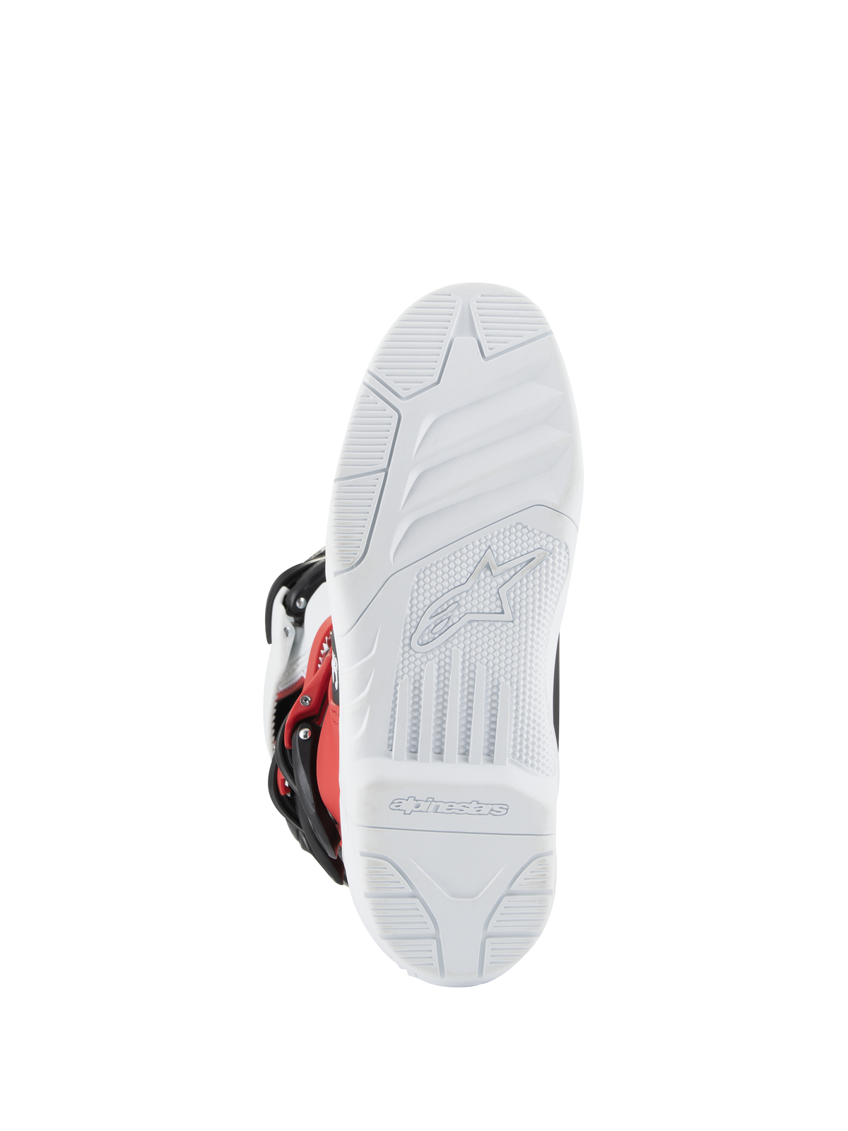 Bottes Alpinestars Youth Tech 3S, bottes de motocross, blanc, noir et rouge éclatant, vue de la semelle montrant le relief texturé blanc avec logo et marquage Alpinestars moulés, semelle durable pour des performances tout-terrain