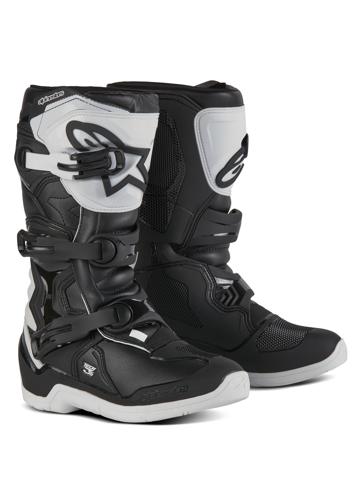 Alpinestars Youth Tech 3S Stiefel, Motocross-Stiefel für junge Fahrer, Schwarz und Weiß, mit drei verstellbaren Schnallen, weißer TPU-Schienbeinplatte mit Alpinestars-Logo, verstärkter Hartschalenschutz und robuster weißer Profilsohle, Offroad-Rennsport-Design