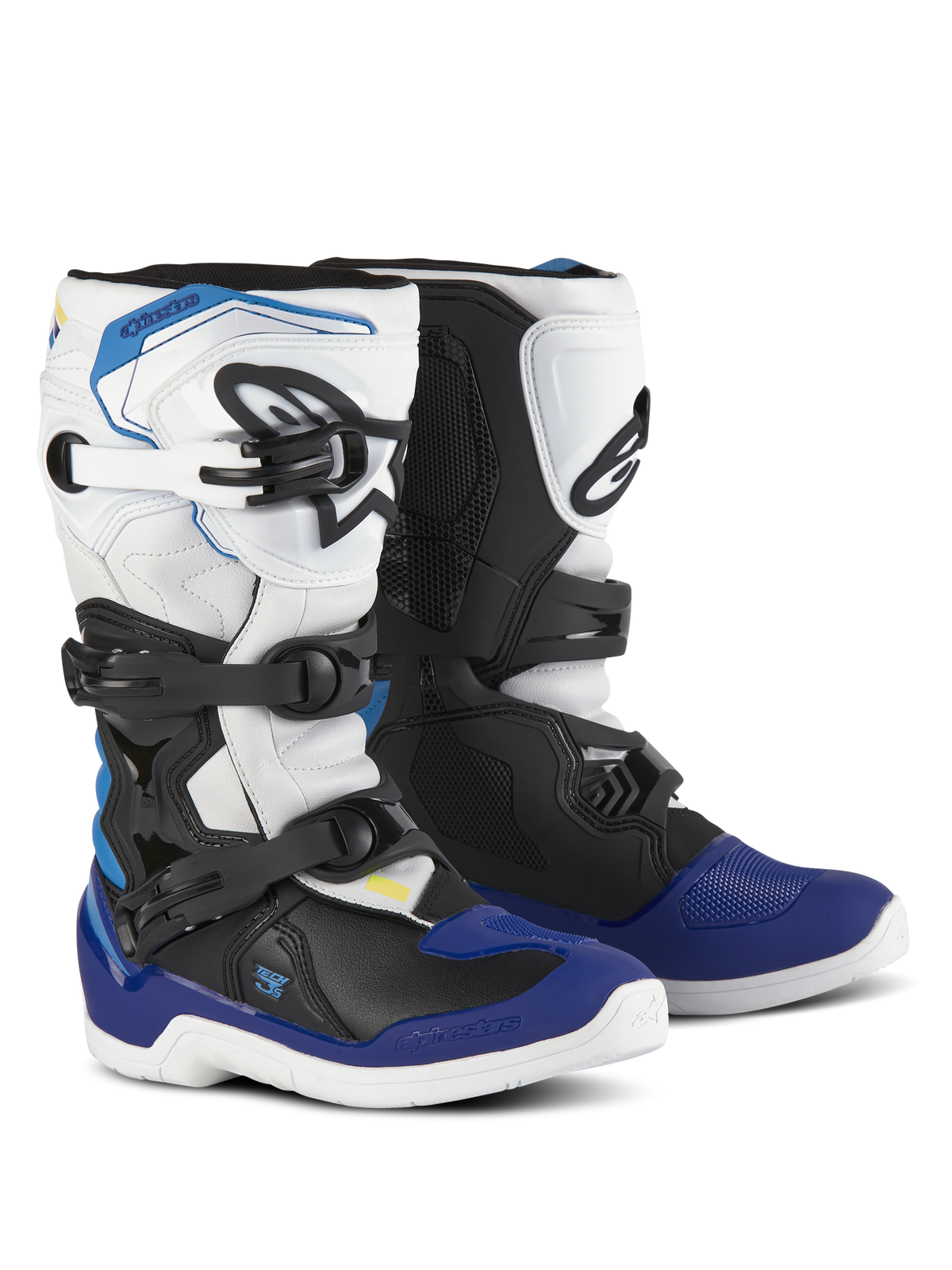 Alpinestars Youth Tech 3S Stiefel, Motocross-Stiefel, Weiß, Schwarz und Emaille-Blau, mit Mehrfach-Schnallenverschlusssystem, texturierten Grip-Zonen und weißen Sohlen, langlebige schützende Motorradstiefel für junge Fahrer