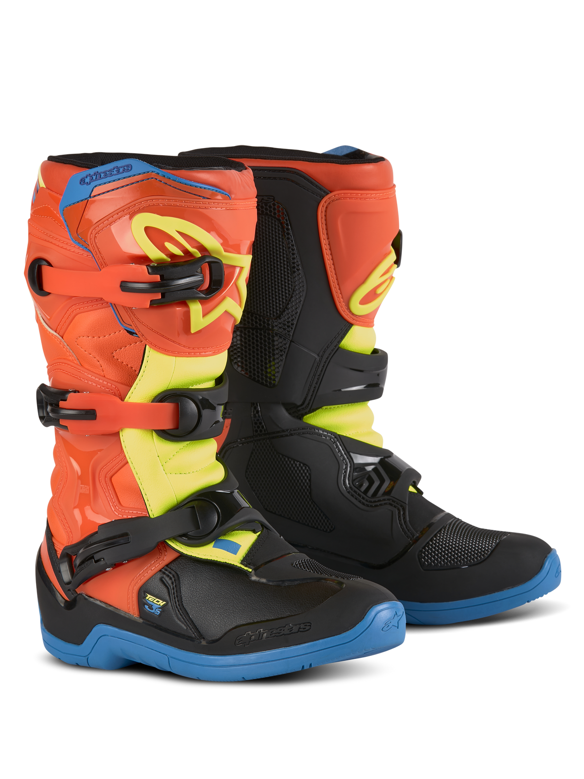 Alpinestars Youth Tech 3S motorlaarzen, jeugd motorcrosslaarzen, fluo oranje, enamel blauw en fluo geel, blauwe zolen, sluitsysteem met drie gespen, beschermende TPU scheenplaten, off-road rijuitrusting