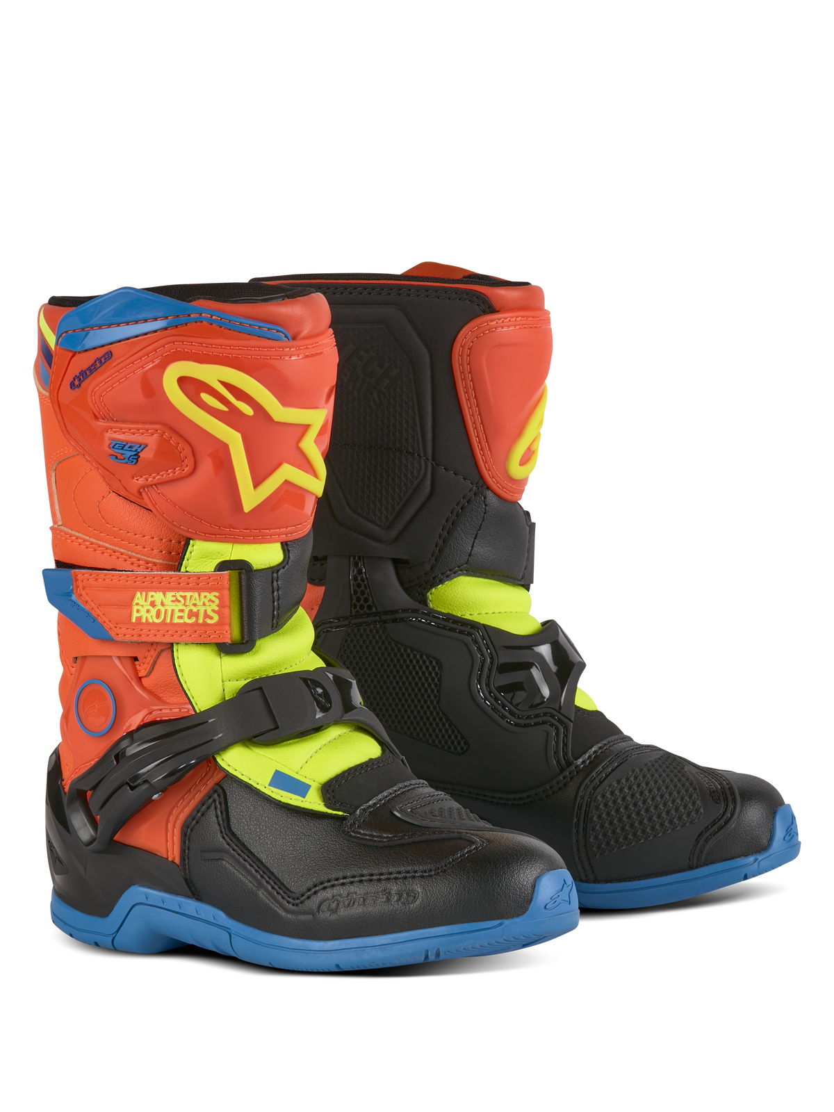 Alpinestars Kids Tech 3S laarzen, motorcrosslaarzen, fluor oranje, email blauw en fluor geel met zwart, voorzien van klittenbandsluitingen, TPU-scheenplaat en duurzame rubberen zolen voor off-road rijden door de jeugd