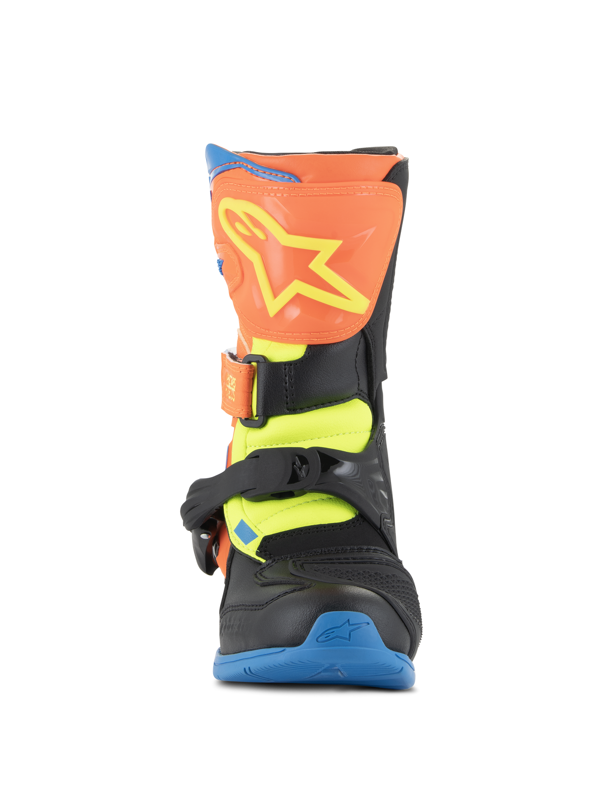Alpinestars Tech 3S Kids laarzen, motorcrosslaarzen, fluo oranje, Enamel Blue en fluo geel, vooraanzicht met een oranje scheenplaat met een geel sterlogo, zwarte gespsluitingen en een blauwe zool, beschermend off-road schoeisel voor jonge rijders