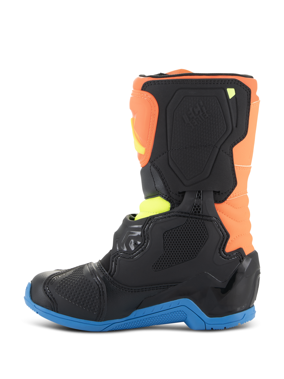 Alpinestars Kids Tech 3S laarzen, motorcrosslaarzen, fluo oranje, enamel blauw en fluo geel, zijaanzicht met zwarte beschermpanelen, een blauwe zool en oranje bovenkant, ontworpen voor off-road racing voor de jeugd