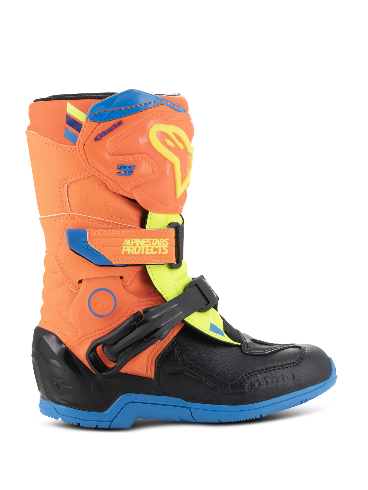 Alpinestars Kids Tech 3S laarzen, jeugd motorcrosslaarzen, neonoranje, blauw en neongeel, met een beschermende TPU-scheenplaat, verstelbare klittenbandsluitingen en een duurzame blauwe rubberen zool, ontworpen voor off-road racing