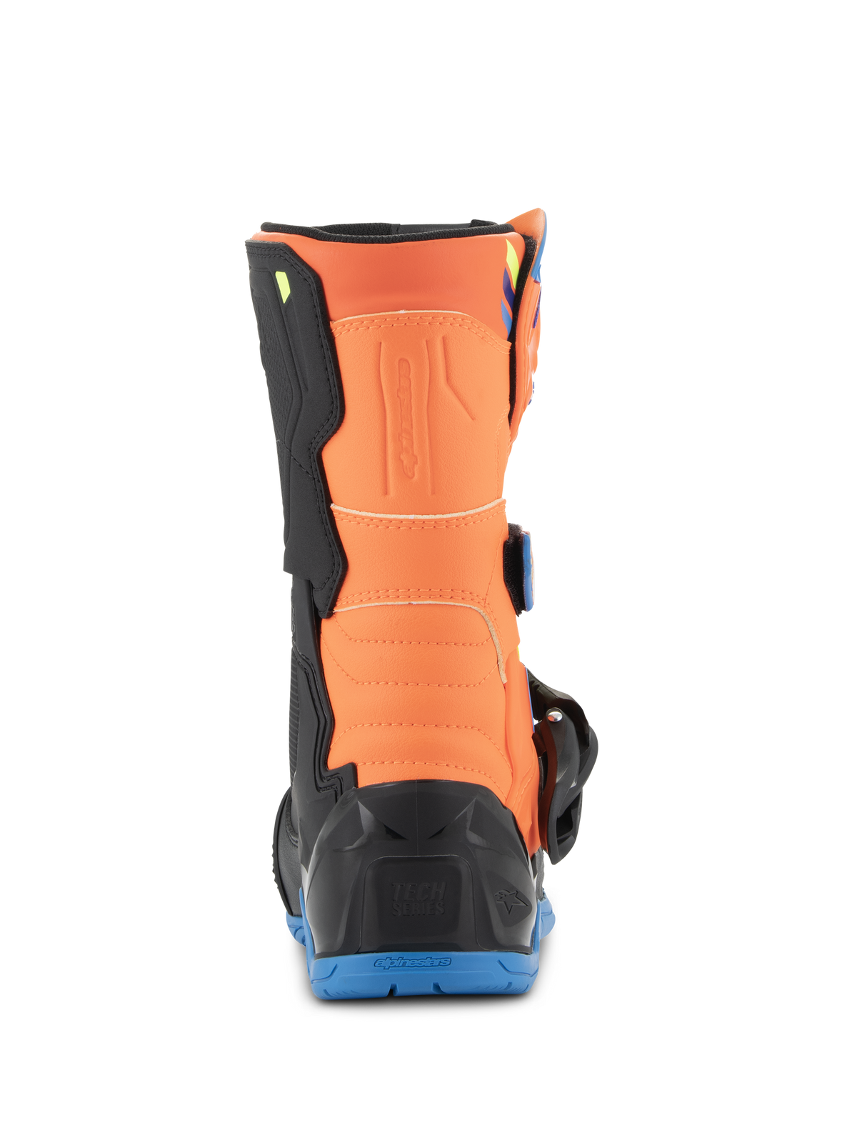 Alpinestars Kids Tech 3S laarzen, jeugd motorcrosslaarzen, oranje fluo en emaille blauw, achteraanzicht met het oranje kuitpaneel, zwarte hielbeschermer en blauwe rubberen buitenzool
