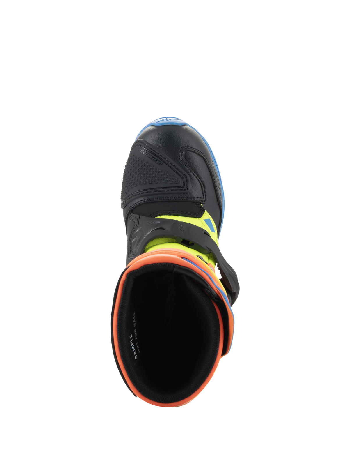 Alpinestars Kids Tech 3S laarzen, motorcrosslaarzen, Orange Fluo, Enamel Blue en Yellow Fluo, bovenaanzicht met inkijk in de gevoerde opening, zwarte microfiber neus en gespsluiting.