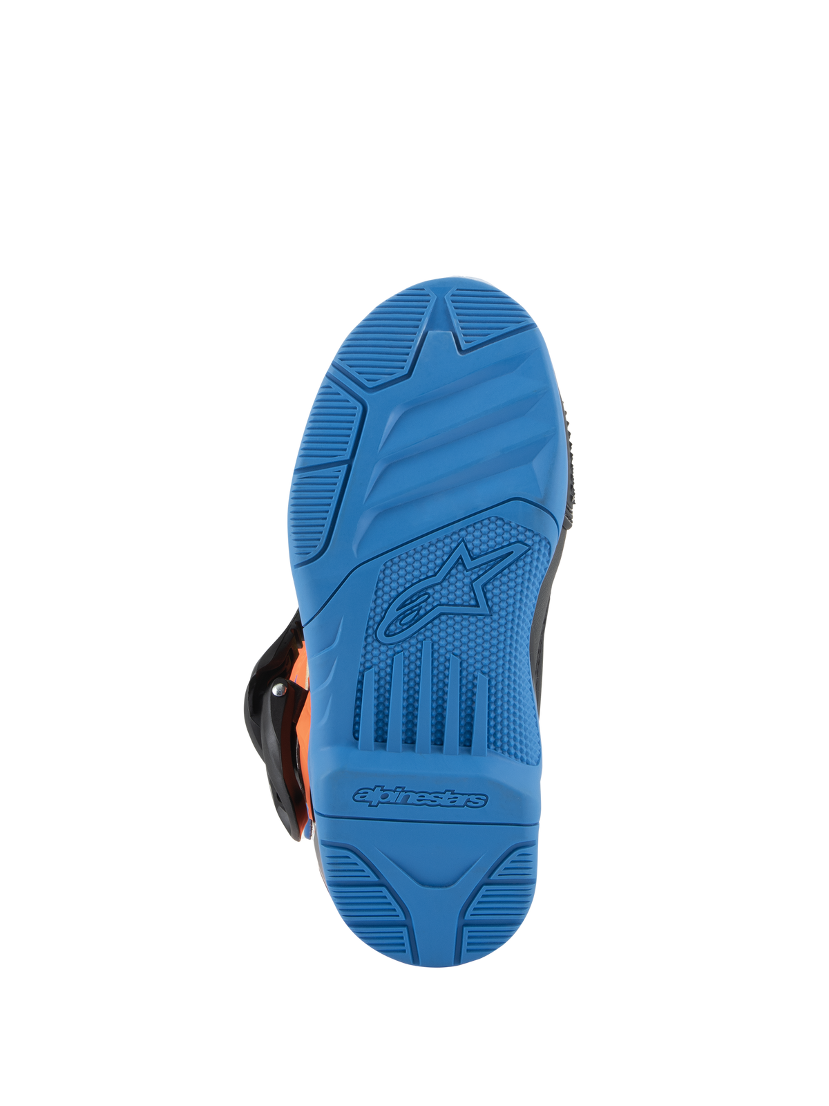 Alpinestars Kids Tech 3S laarzen, motorcrosslaarzen, onderaanzicht van de Enamel Blue zool, rubberen buitenzool met hoge grip en getextureerde grippatronen, voorzien van Alpinestars sterlogo en woordmerk in reliëf, duurzaam off-road schoeiselontwerp