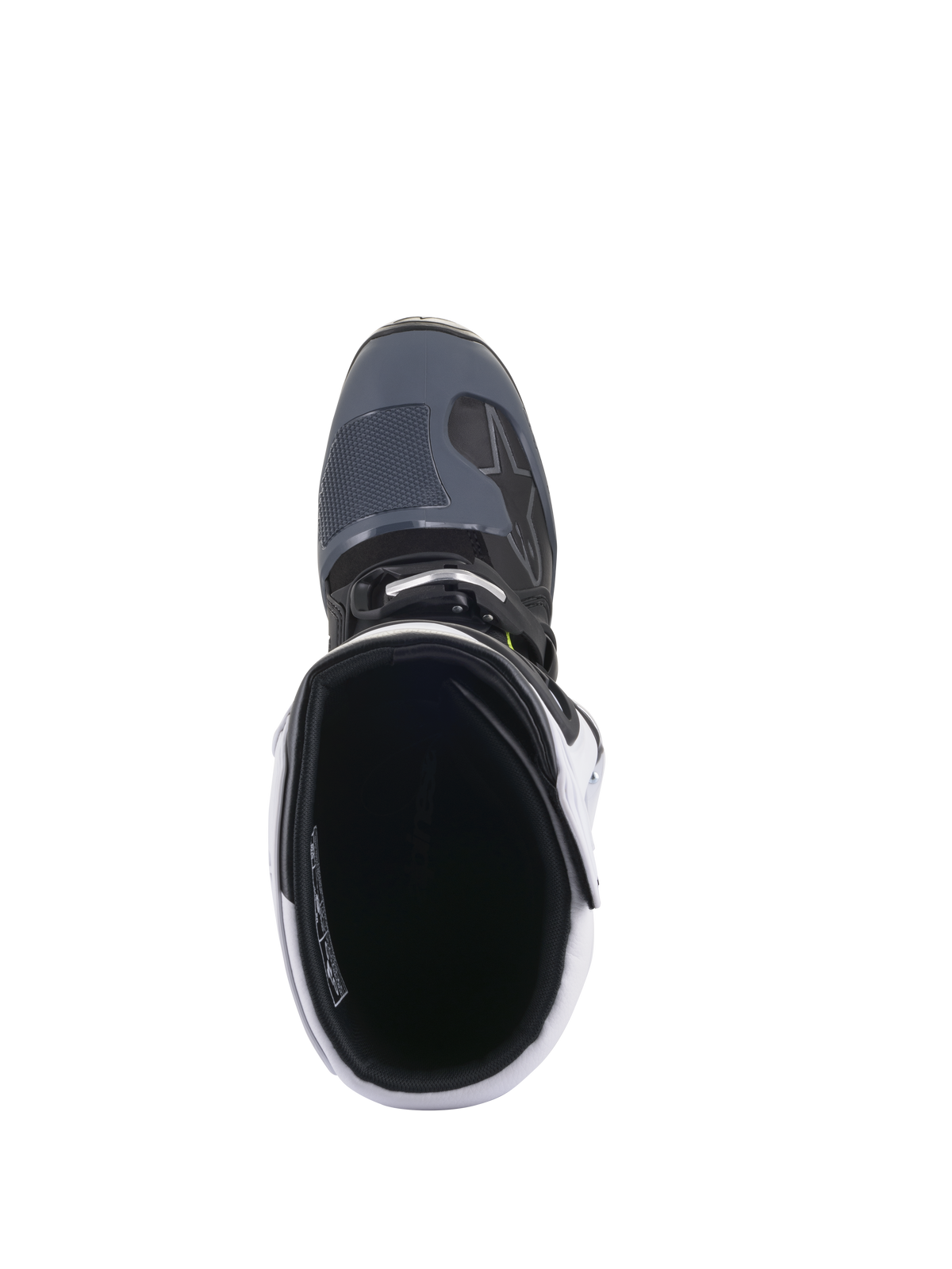 Alpinestars Tech 5 Boots, Motocross Boots, Black Dark Gray and White, top-down view looking into the boot opening, showing the cushioned interior and textured toe box, professional protective footwear for off-road racing