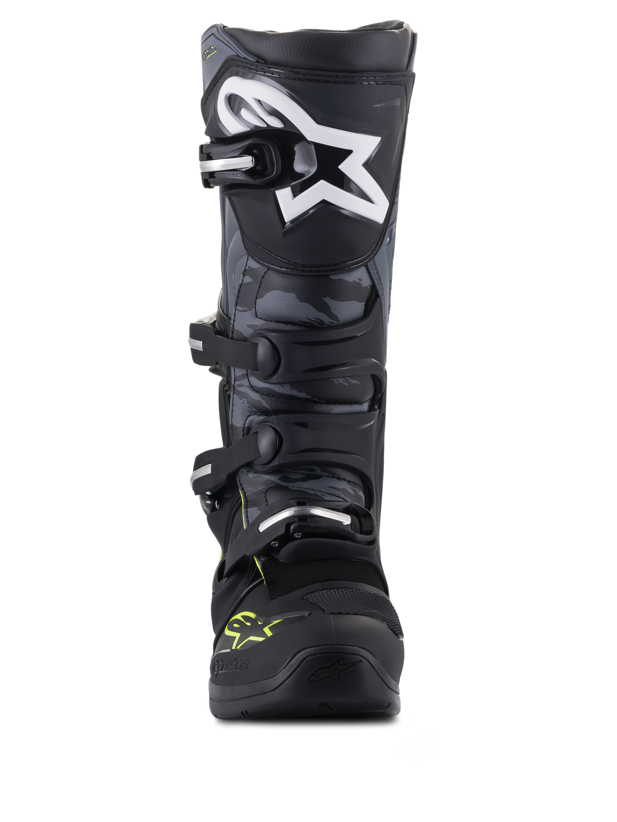 Alpinestars Tech 5, bottes de motocross tout-terrain noires et grises avec jaune fluo, vue de face et motif camouflage
