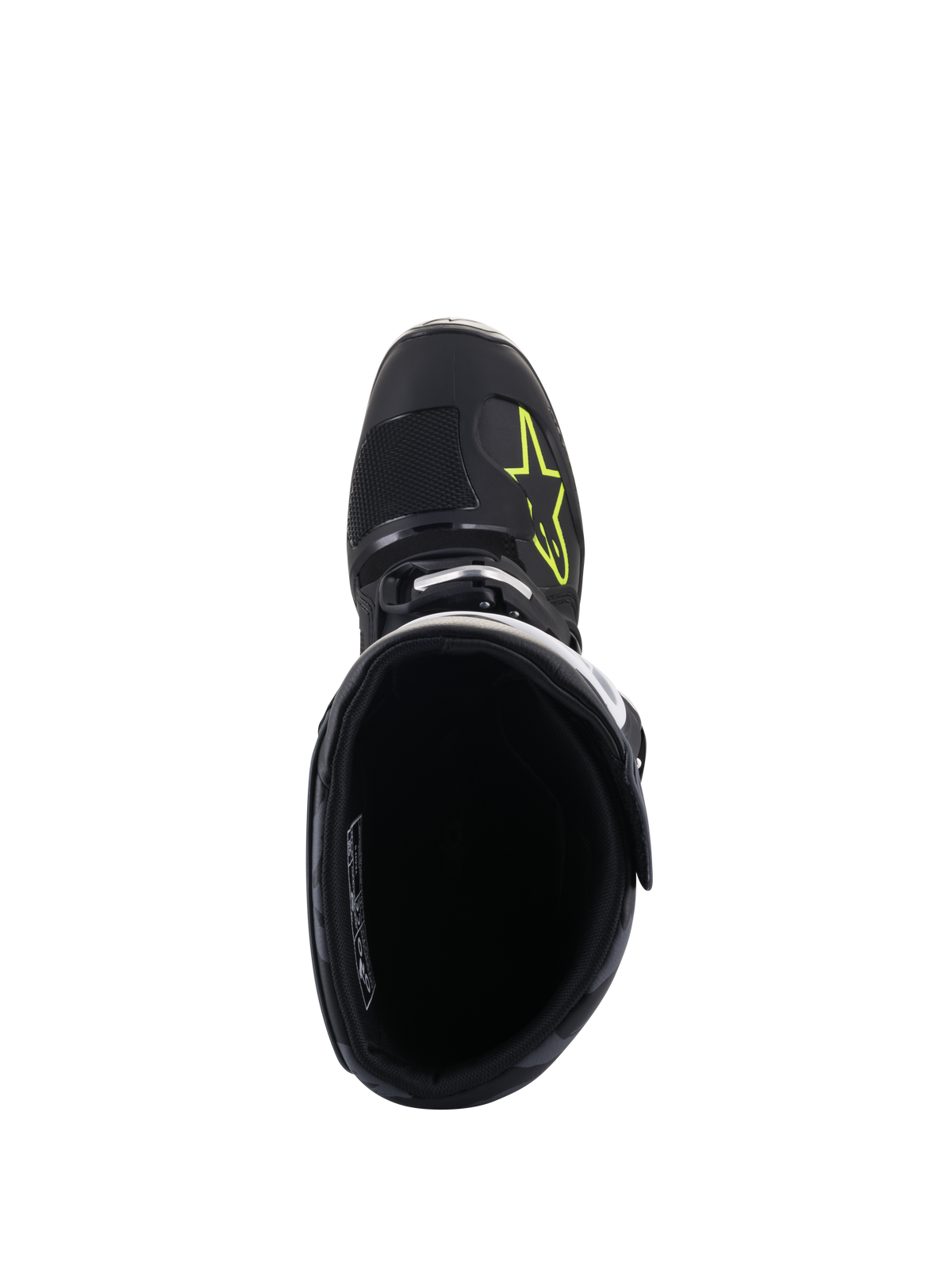 Bottes Alpinestars Tech 5, vue de dessus, noir avec logo jaune fluo sur la pointe, montrant la doublure intérieure et la fermeture à boucle, chaussures de motocross et tout-terrain haute performance