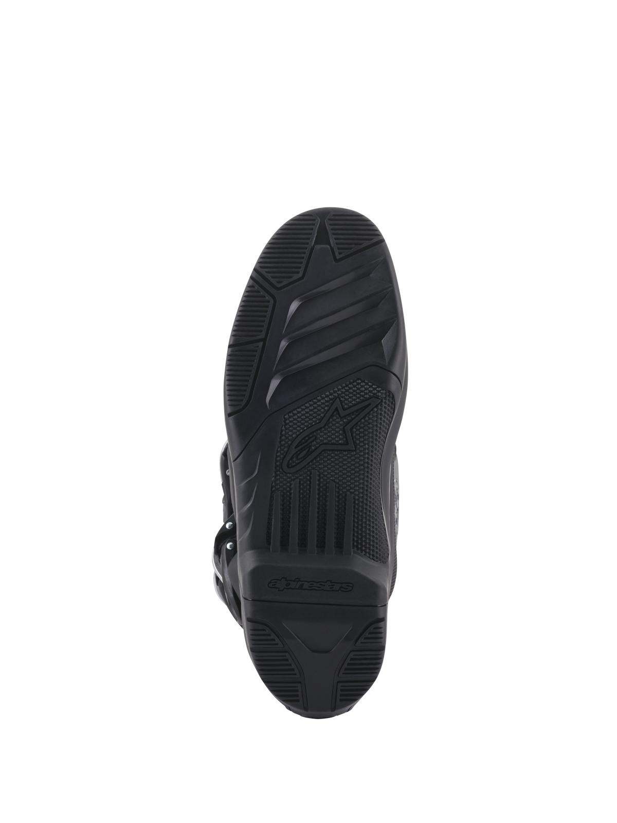 Bottes Alpinestars Tech 5, vue de dessous de la semelle, caoutchouc noir avec motifs d'adhérence texturés, arborant le logo étoile et la marque Alpinestars, conception durable pour la traction en motocross et tout-terrain