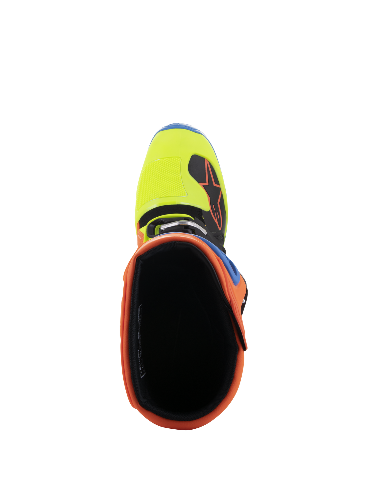 Alpinestars Tech 5 laarzen, bovenaanzicht kijkend in de opening, met opvallende Orange Fluo kraag en Yellow Fluo teendoos, zwarte binnenvoering, duurzaam off-road motorcross schoeisel