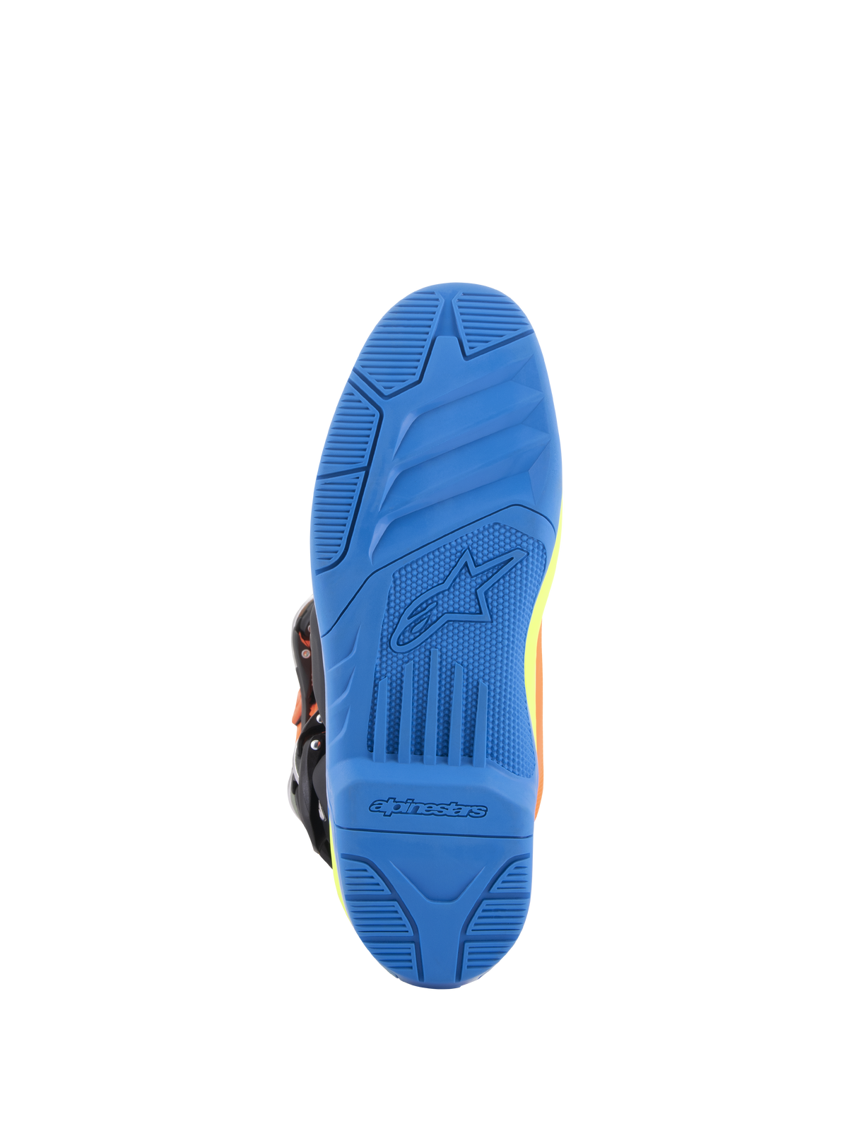 Alpinestars Tech 5 laarzen, motorcrosslaarzen, fluo oranje, enamel blauw en fluo geel, gedetailleerd onderaanzicht van de blauwe dual-compound zool met getextureerde grip en Alpinestars-branding