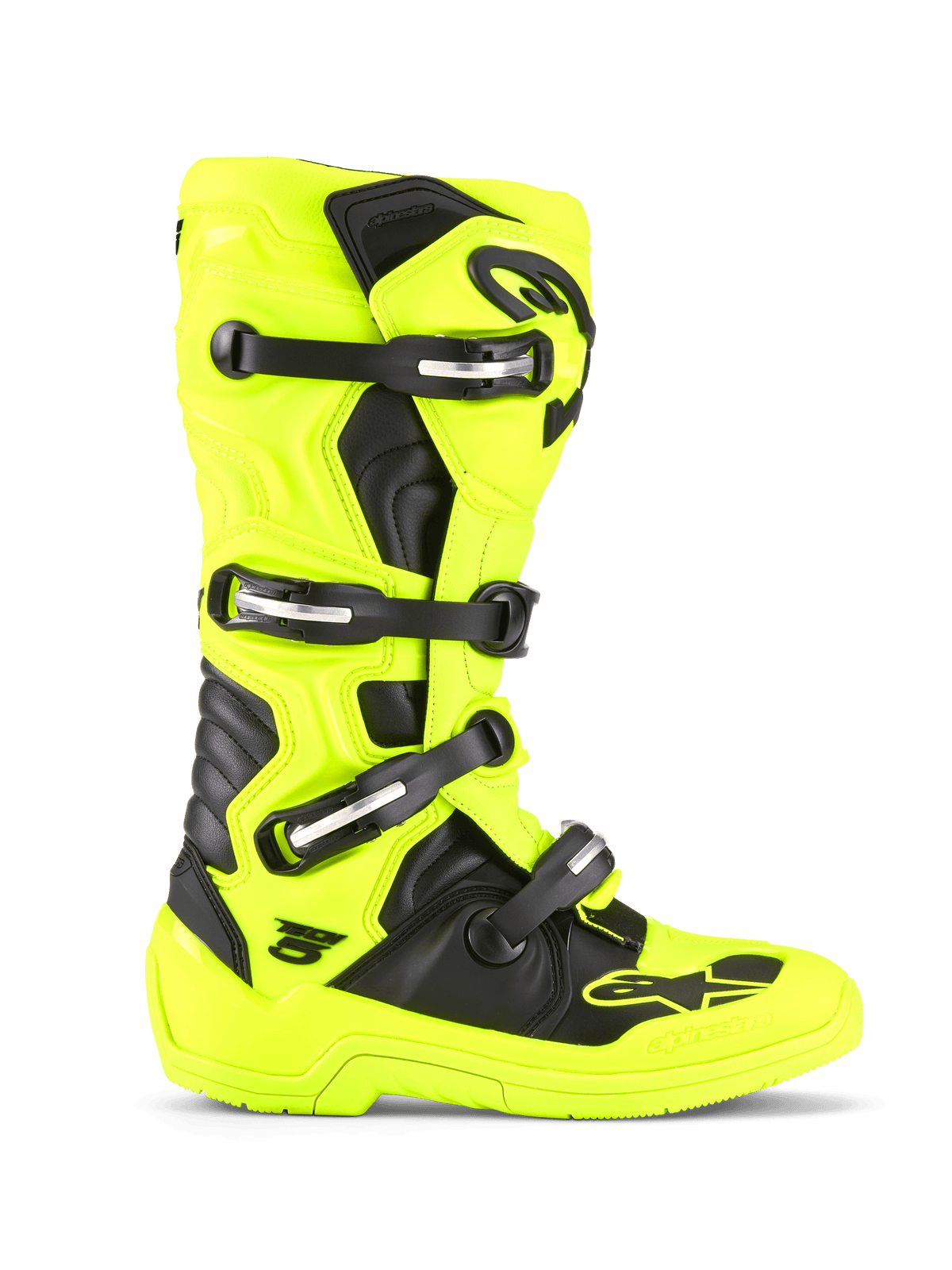 Alpinestars Tech 5 Stiefel, Motocross- und Offroad-Stiefel, Neongelb und Schwarz, Vier-Schnallen-Verschlusssystem, schützende TPU-Schale, biomechanisches Drehgelenk-Design, strapazierfähige Sohle für den Rennsport