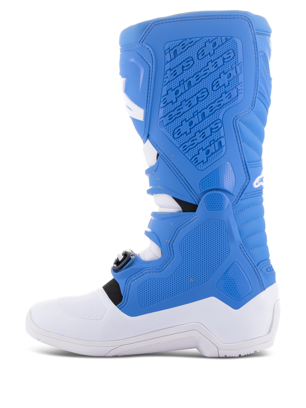Alpinestars Tech 5 Stiefel, Motocross-Stiefel, Blau und Weiß, Seitenprofil zeigt mediale Seite mit geprägtem Branding, strukturierte Griffflächen und strapazierfähige weiße Sohle für Offroad-Schutz.