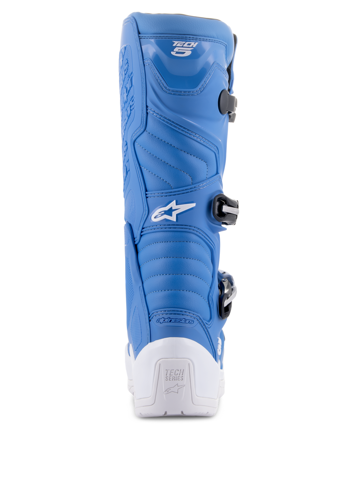Alpinestars Tech 5 Stiefel, Blau und Weiß, Rückansicht mit weißer Fersenschale und Tech Series-Logo, blaues Mikrofaser-Obermaterial mit Akkordeon-Flexzonen und schwarzes Schnallensystem, Performance-Motocross-Schuhwerk