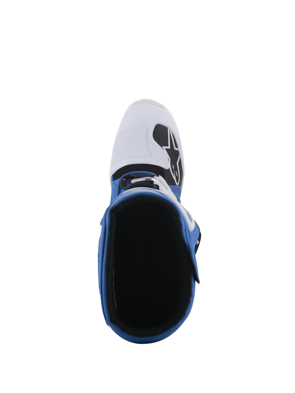 Alpinestars Tech 5 Stiefel, Blau und Weiß, Draufsicht mit Blick auf das Innenfutter und die weiße Zehenbox mit schwarzem Logo, mehrteilige Konstruktion für Offroad- und Motocross-Rennsport
