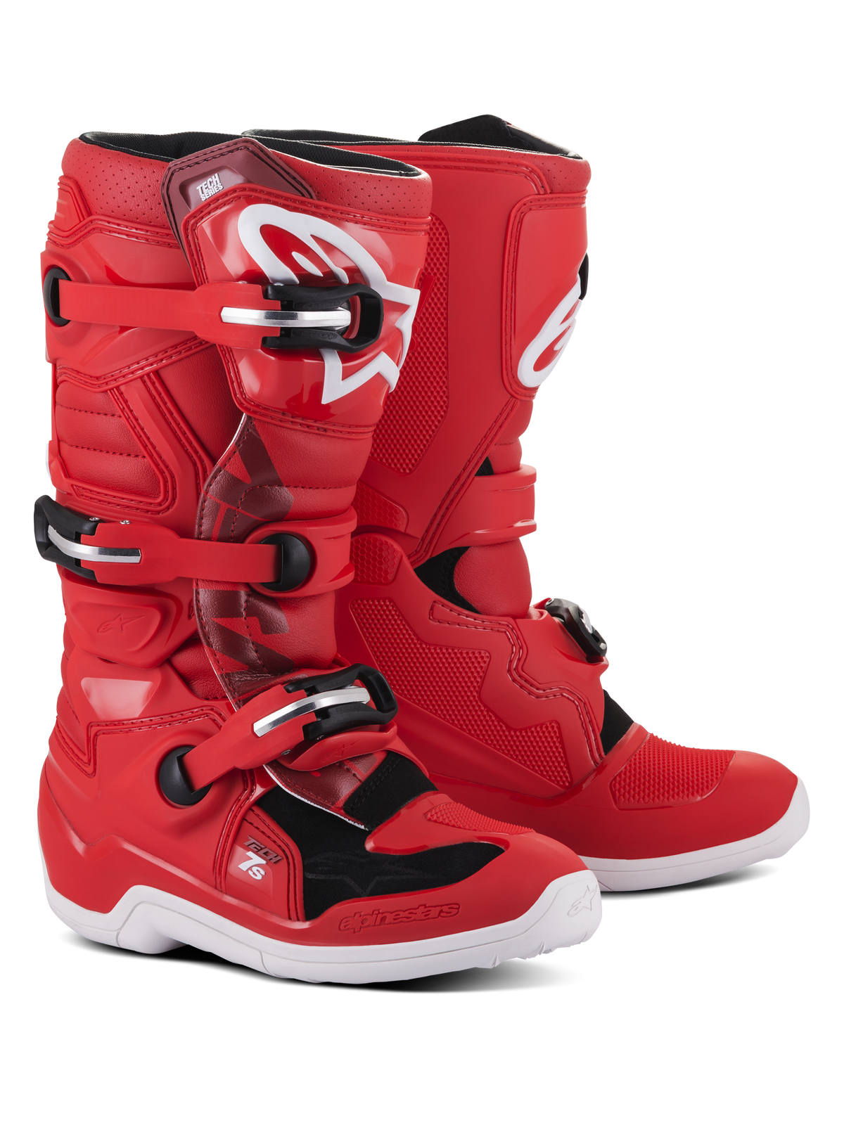 Alpinestars Youth Tech 7S laarzen, rode motorcrosslaarzen met witte en zwarte accenten, voorzien van een sluitsysteem met drie gespen, wit Alpinestars-logo op de scheenplaat en een duurzame witte zool