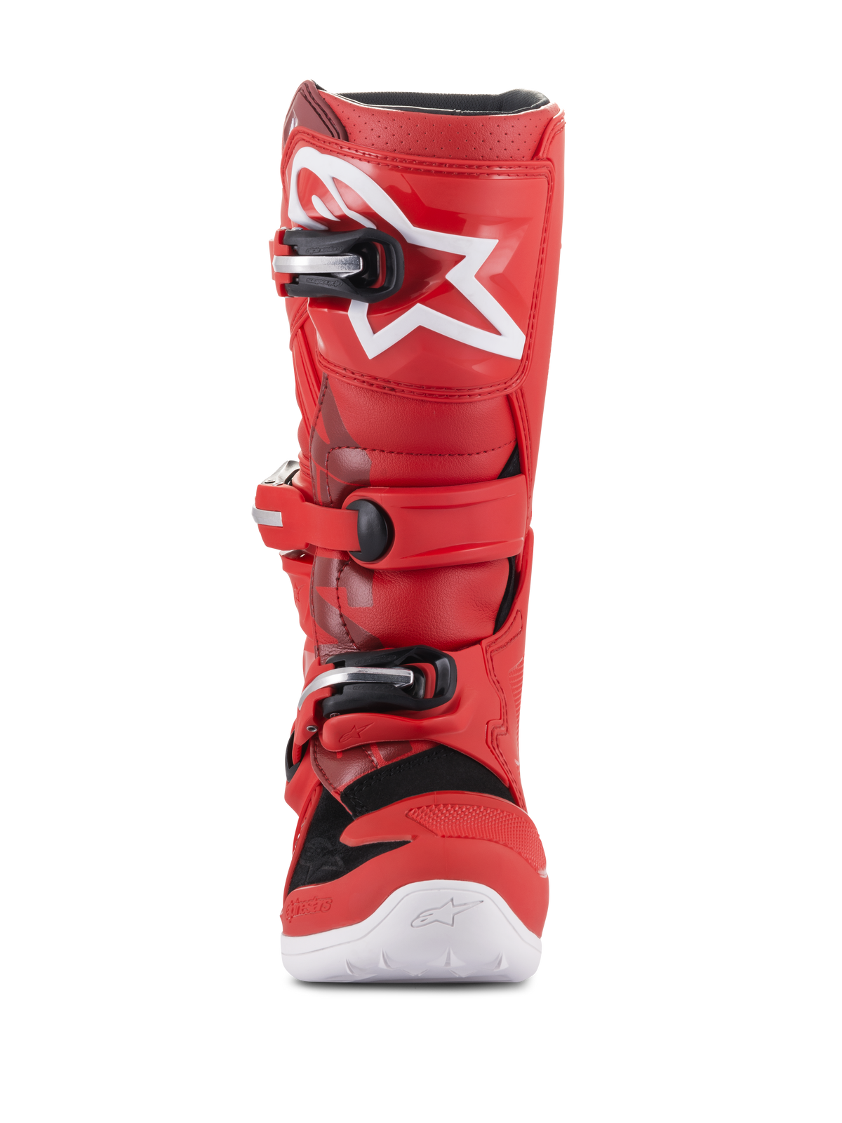 Alpinestars Youth Tech 7S laarzen, jeugd motorcrosslaarzen, rood, met wit sterlogo op de scheenplaat, zwart en zilver gespsysteem, witte zool, duurzame constructie voor off-road rijden, vooraanzicht