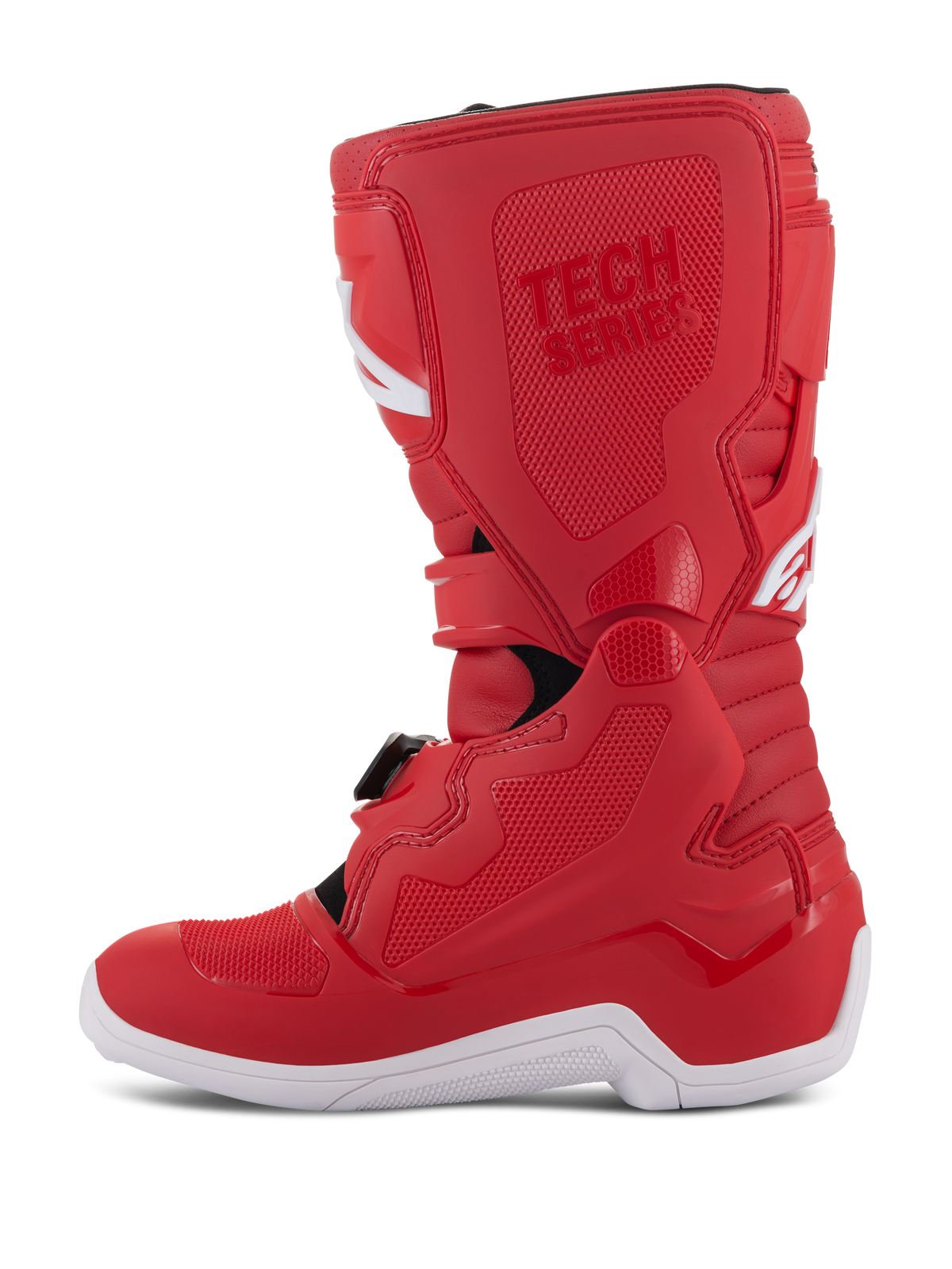 Alpinestars Youth Tech 7S laarzen, jeugd motorcrosslaarzen, rood, voorzien van een witte zool, TPU-versterkte panelen, meerdere gespsluitingen en 'TECH SERIES' branding, ontworpen voor junior off-road rijders