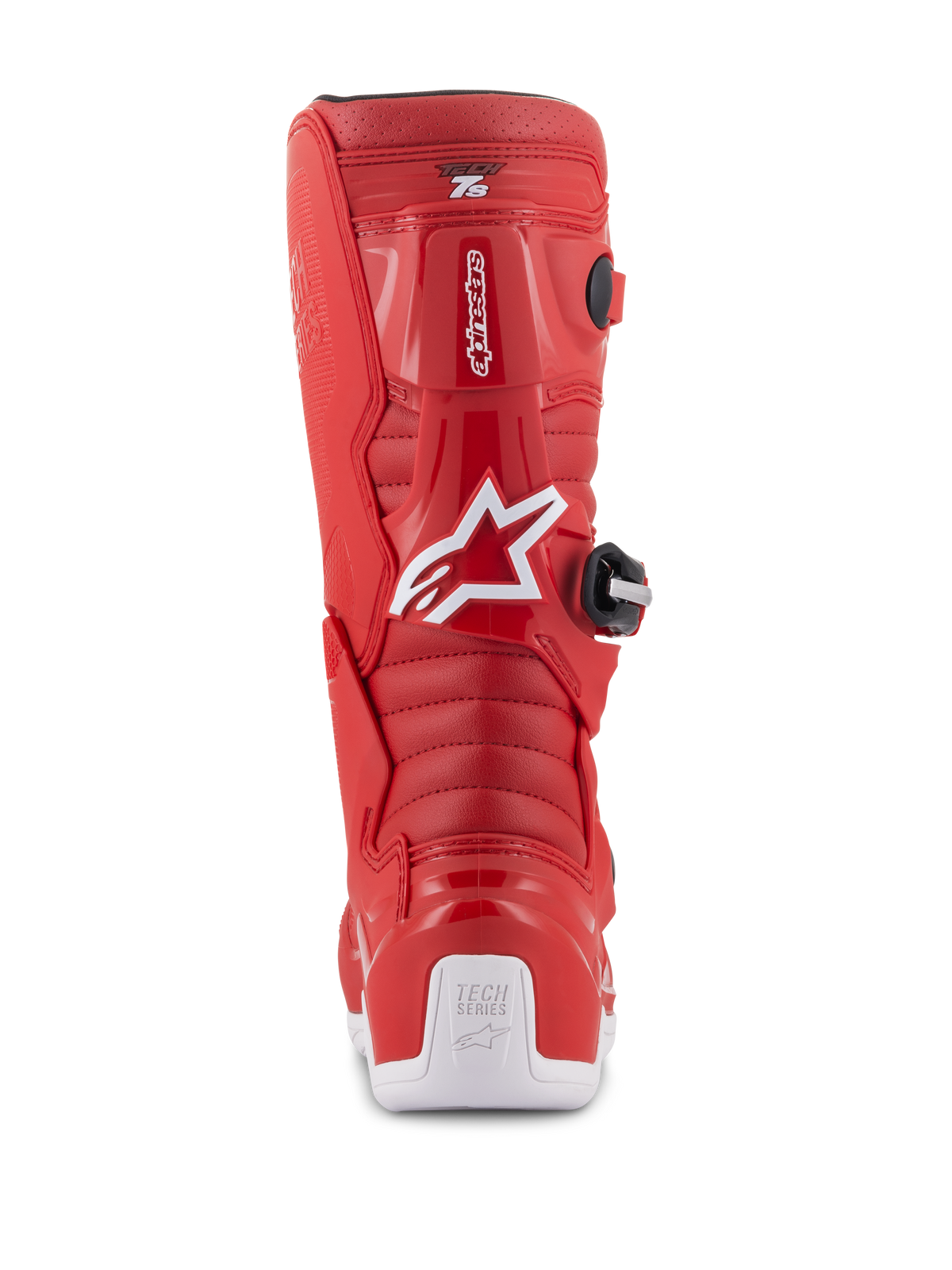 Alpinestars Jeugd Tech 7S laarzen, rode motorcrosslaarzen, achteraanzicht met wit Alpinestars-logo en hielbeschermer, geribbelde flexzones, beschermende TPU-constructie voor off-road racen voor de jeugd