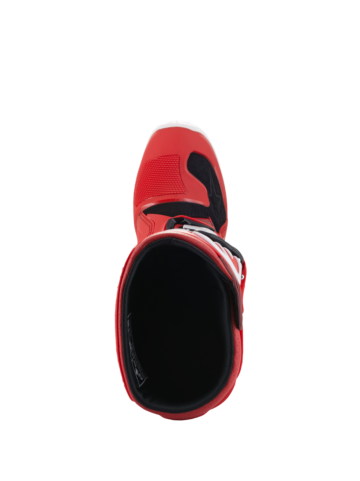 Alpinestars Youth Tech 7S laarzen, motorcrosslaarzen, rood, bovenaanzicht met de binnenvoering en opening, rode buitenzijde met zwarte en witte accenten, ontworpen voor junior off-road rijders
