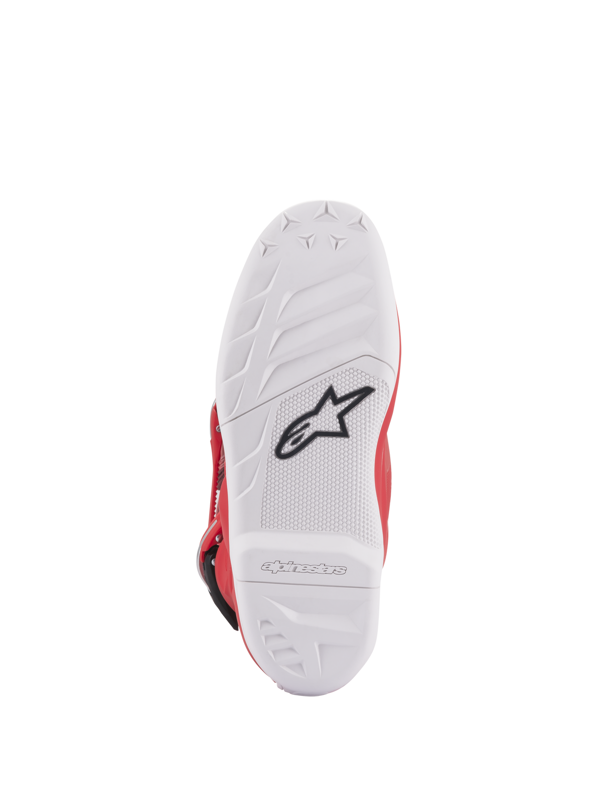 Alpinestars Youth Tech 7S laarzen, onderaanzicht van de zool, witte samengestelde zool met zwart sterlogo, rubberen patroon met hoge grip voor superieure duurzaamheid en gevoel, Alpinestars-logo in reliëf op de hiel