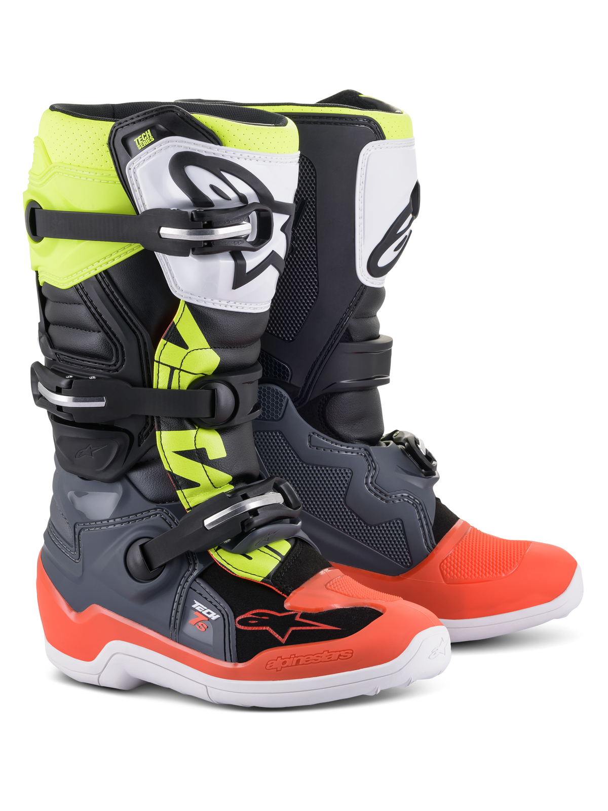 Alpinestars Youth Tech 7S Stiefel, Motocross-Stiefel, Dunkelgrau mit roten und neongelben Akzenten, weiße TPU-Schienbeinplatte mit schwarzem Logo, Dreifach-Schnallen-Verschlusssystem, strapazierfähige weiße Sohle, für junge Offroad-Fahrer entwickelt