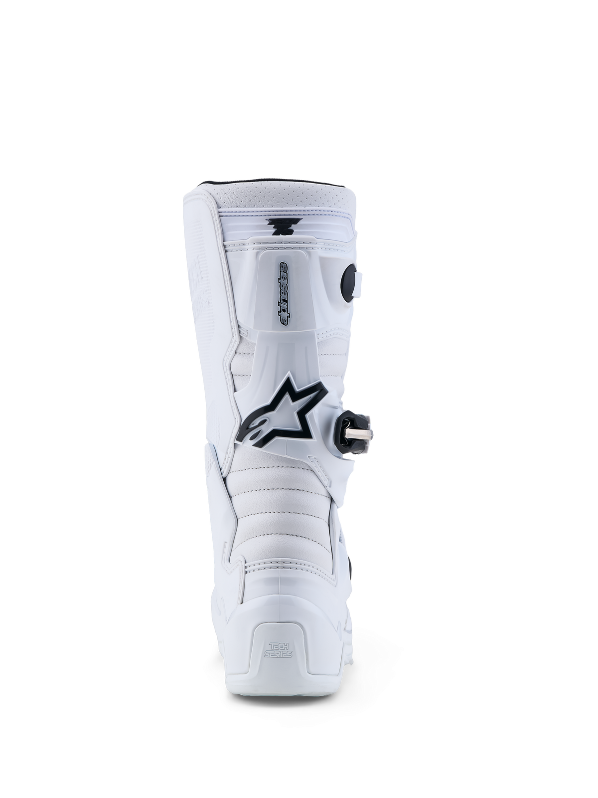 Alpinestars Bottes Tech 7S Junior, bottes de motocross pour enfant, blanches et noires, vue arrière avec protection TPU.