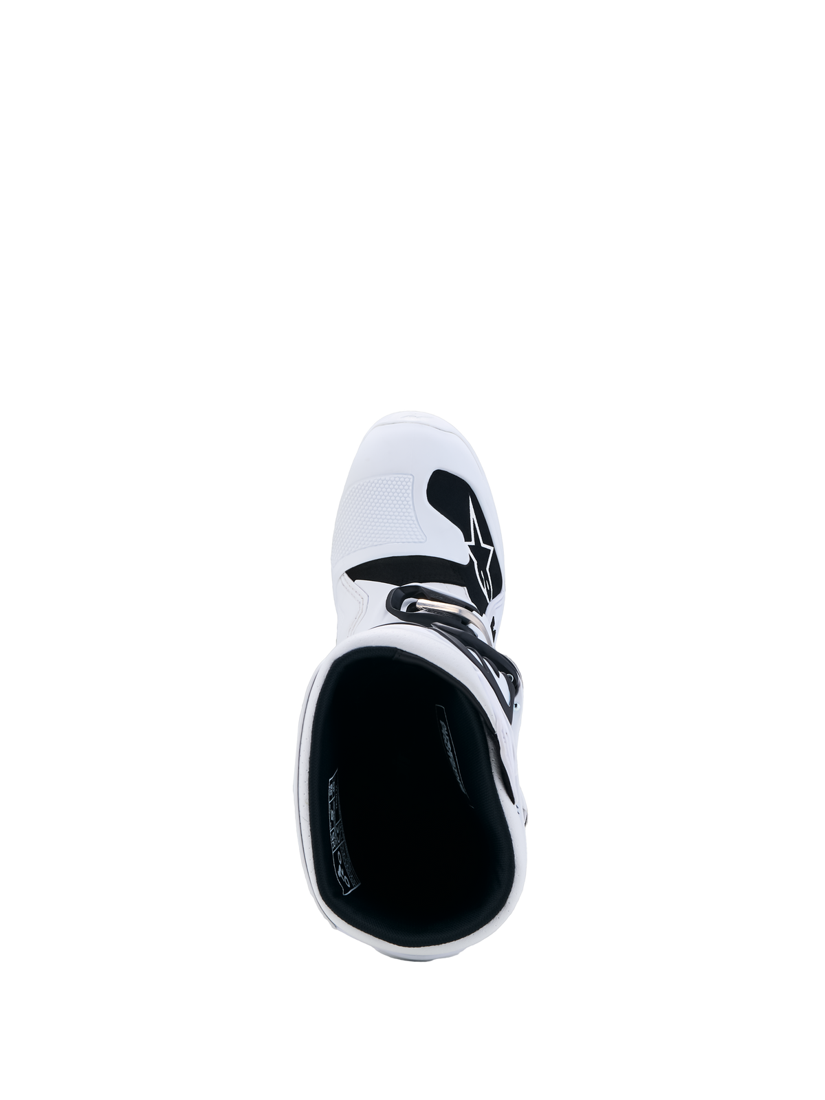 Bottes Alpinestars Tech 7S Junior, bottes de motocross, blanches et noires, vue de dessus montrant le rembourrage intérieur noir et la plaque de tibia en TPU blanc