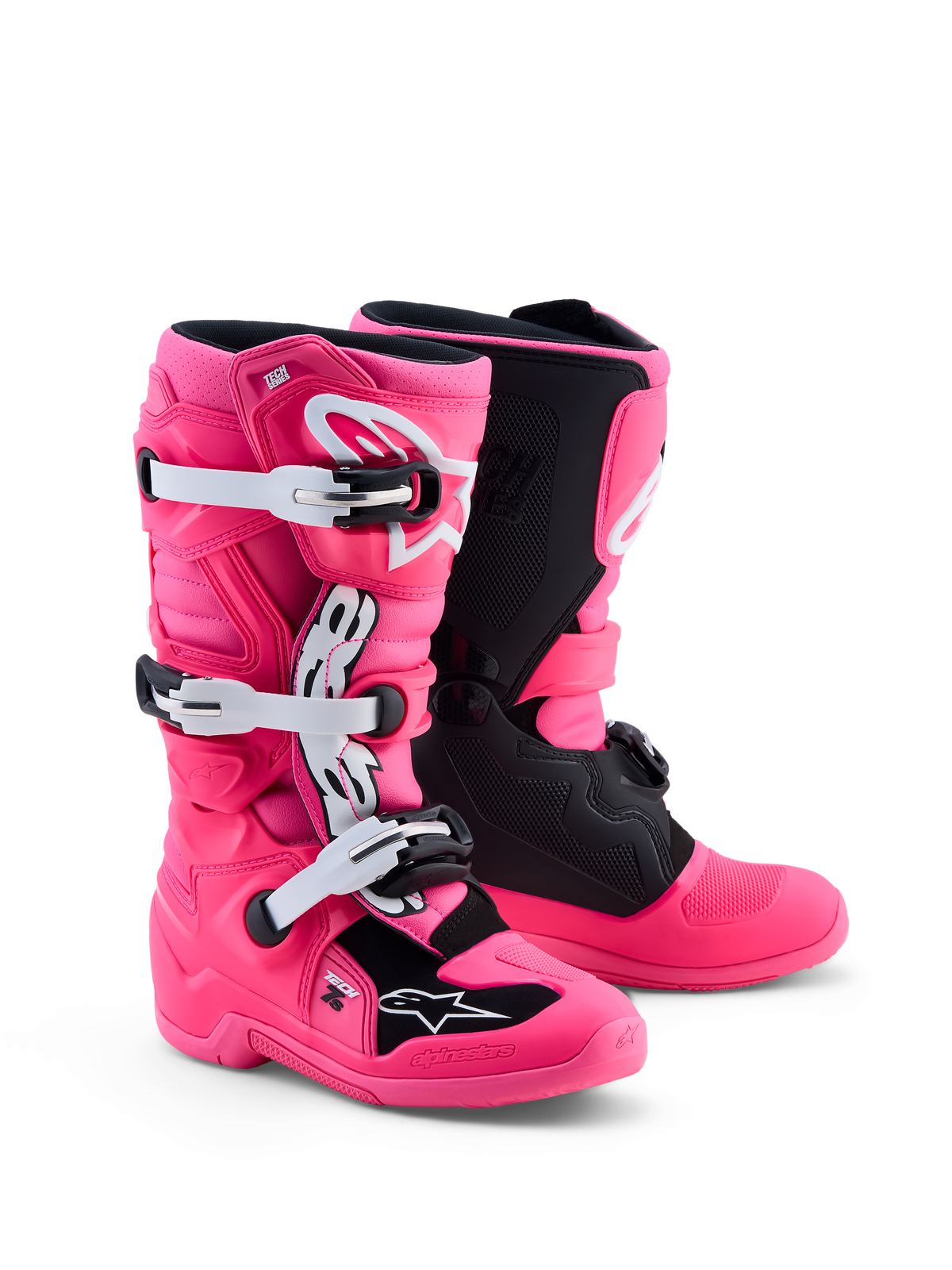 Alpinestars bottes Tech 7S Junior, bottes de moto tout-terrain pour enfant, rose fluo et noires, certifiées CE, avec protection en TPU et boucles de fermeture blanches
