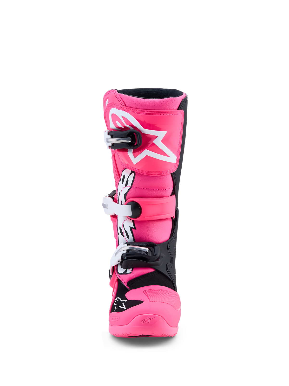 Alpinestars Tech 7S Junior, bottes de motocross pour enfant, rose fluo et noires, avec protection tibia en TPU et boucles à serrage rapide.