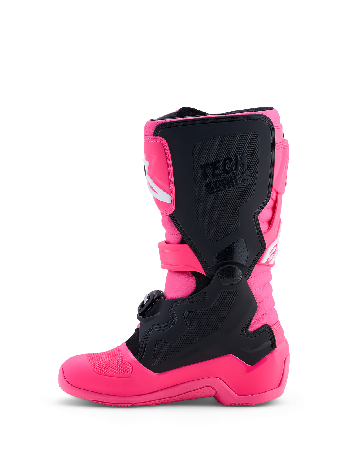 Alpinestars Tech 7S Junior, bottes de motocross tout-terrain pour enfant, rose fluo et noires, dotées d'une protection en TPU et d'un ajustement spécifique pour jeunes pilotes, vue de profil.